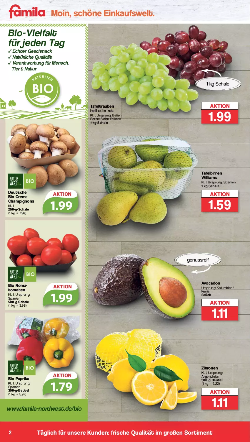 Aktueller Prospekt Famila - Prospekte - von 19.09 bis 24.09.2022 - strona 2 - produkty: avocado, avocados, beutel, bio, Birnen, champignon, champignons, creme, mac, natur, nuss, paprika, Schal, Schale, tafelbirnen, tafeltrauben, Ti, tomate, tomaten, trauben, zitrone, zitronen