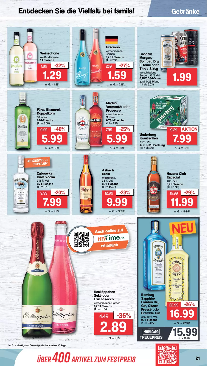 Aktueller Prospekt Famila - Prospekte - von 19.09 bis 24.09.2022 - strona 21 - produkty: asbach uralt, bismarck, bombay sapphire, Cap, captain morgan, decke, doppelkorn, dry gin, ecco, eis, flasche, frucht, fruchtsecco, getränk, getränke, gin, gracioso, Havana Club, korn, kräuter, kräuterlikör, likör, london dry, london dry gin, martini, prosecco, reis, rotkäppchen, sapphire, schorle, sekt, Three Sixty, Ti, tonic, underberg, Vermouth, vodka, wein, weinbrand, weinschorle, ZTE