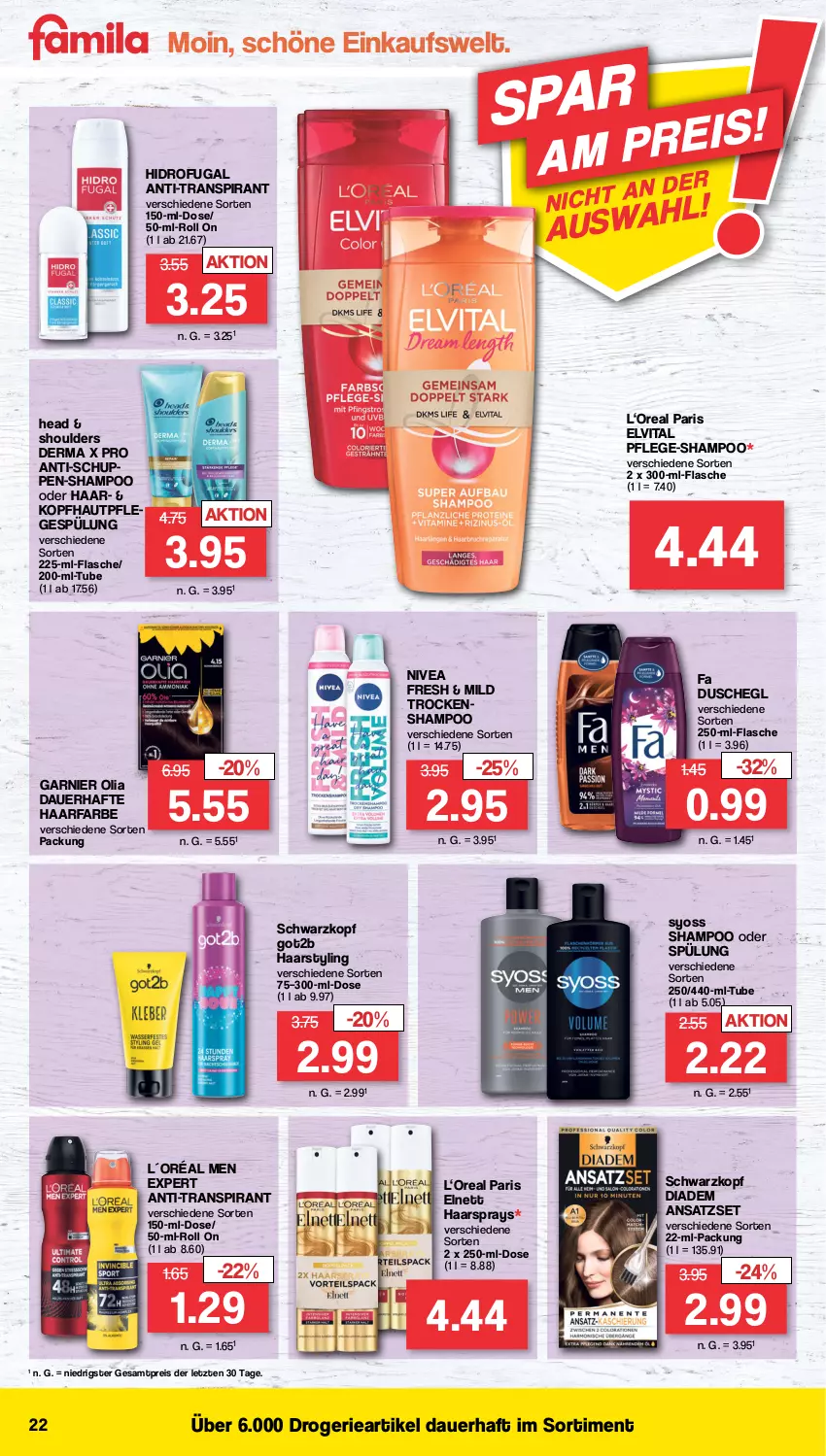 Aktueller Prospekt Famila - Prospekte - von 19.09 bis 24.09.2022 - strona 22 - produkty: auer, diadem, dusche, eis, elnett, elvital, flasche, garnier, got2b, haarspray, Hautpflege, L´Oréal, nivea, Pflegespülung, reis, schwarzkop, schwarzkopf, shampoo, shampoo oder spülung, spülung, syoss, Ti, vita, Yo, ZTE