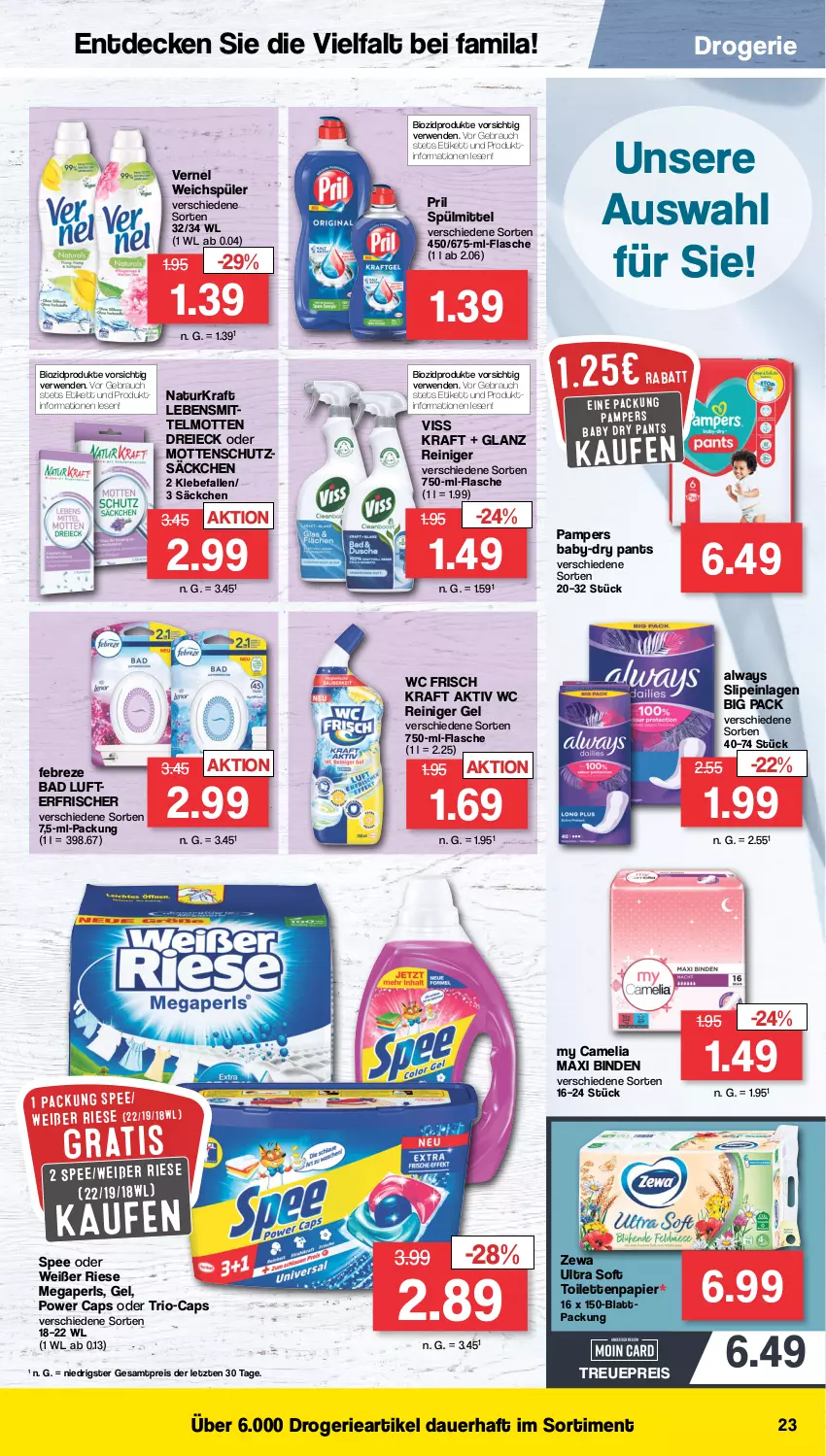 Aktueller Prospekt Famila - Prospekte - von 19.09 bis 24.09.2022 - strona 23 - produkty: Alwa, Always, auer, baby-dry, Bad, binden, bio, biozidprodukte, camelia, Cap, decke, eis, febreze, flasche, kraft, megaperls, natur, pampers, Pants, papier, pril, Rauch, reiniger, reiniger gel, reis, rwe, slip, slipeinlagen, spee, spülmittel, Ti, vernel, wc frisch, WC Frisch Kraft Aktiv, weichspüler, zewa, ZTE