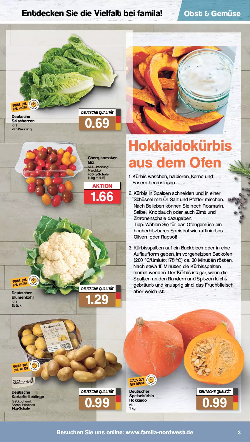 Aktueller Prospekt Famila - Prospekte - von 19.09 bis 24.09.2022 - strona 3 - produkty: backofen, bier, Biere, blume, blumen, blumenkohl, cherrytomaten, decke, eis, fleisch, frucht, fruchtfleisch, kartoffel, knoblauch, Kürbis, obst, Ofen, olive, oliven, pfeffer, rapsöl, rosmarin, salat, salatherzen, salz, Schal, Schale, schüssel, Ti, tomate, tomaten, zitrone, zitronen, ZTE