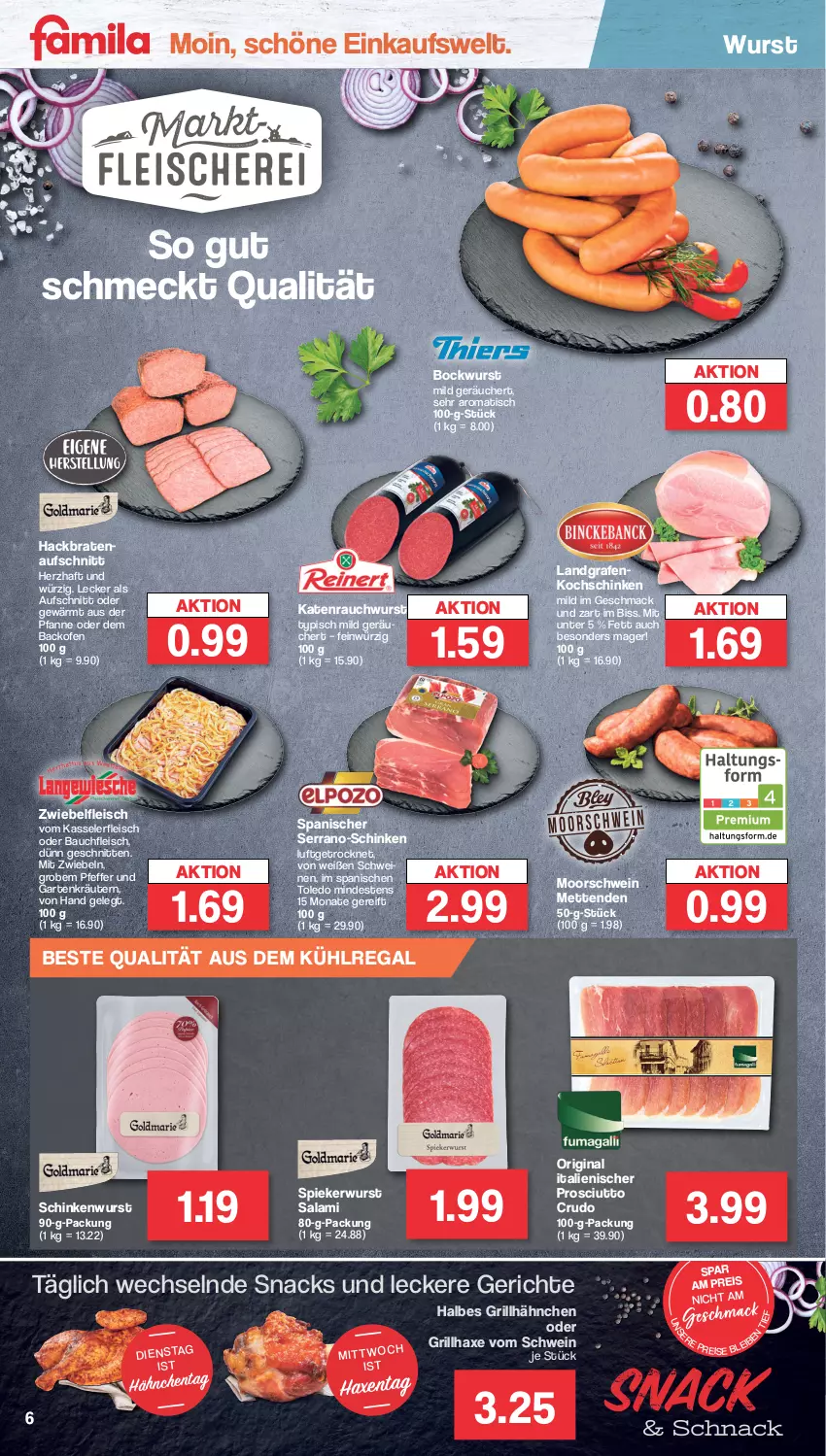 Aktueller Prospekt Famila - Prospekte - von 19.09 bis 24.09.2022 - strona 6 - produkty: aufschnitt, aus dem kühlregal, axe, backofen, Bau, bockwurst, braten, eis, fleisch, Garten, gin, grill, grillhähnchen, grillhaxe, Haxe, kasseler, kochschinken, kräuter, kräutern, kühlregal, mac, Mett, metten, Mettenden, mit zwiebeln, Ofen, pfanne, pfeffer, prosciutto, prosciutto crudo, Rauch, regal, reis, salami, schinken, schinkenwurst, schnitten, schwein, schweine, serrano, snack, snacks, Ti, tisch, wein, weine, wurst, zwiebel, zwiebeln