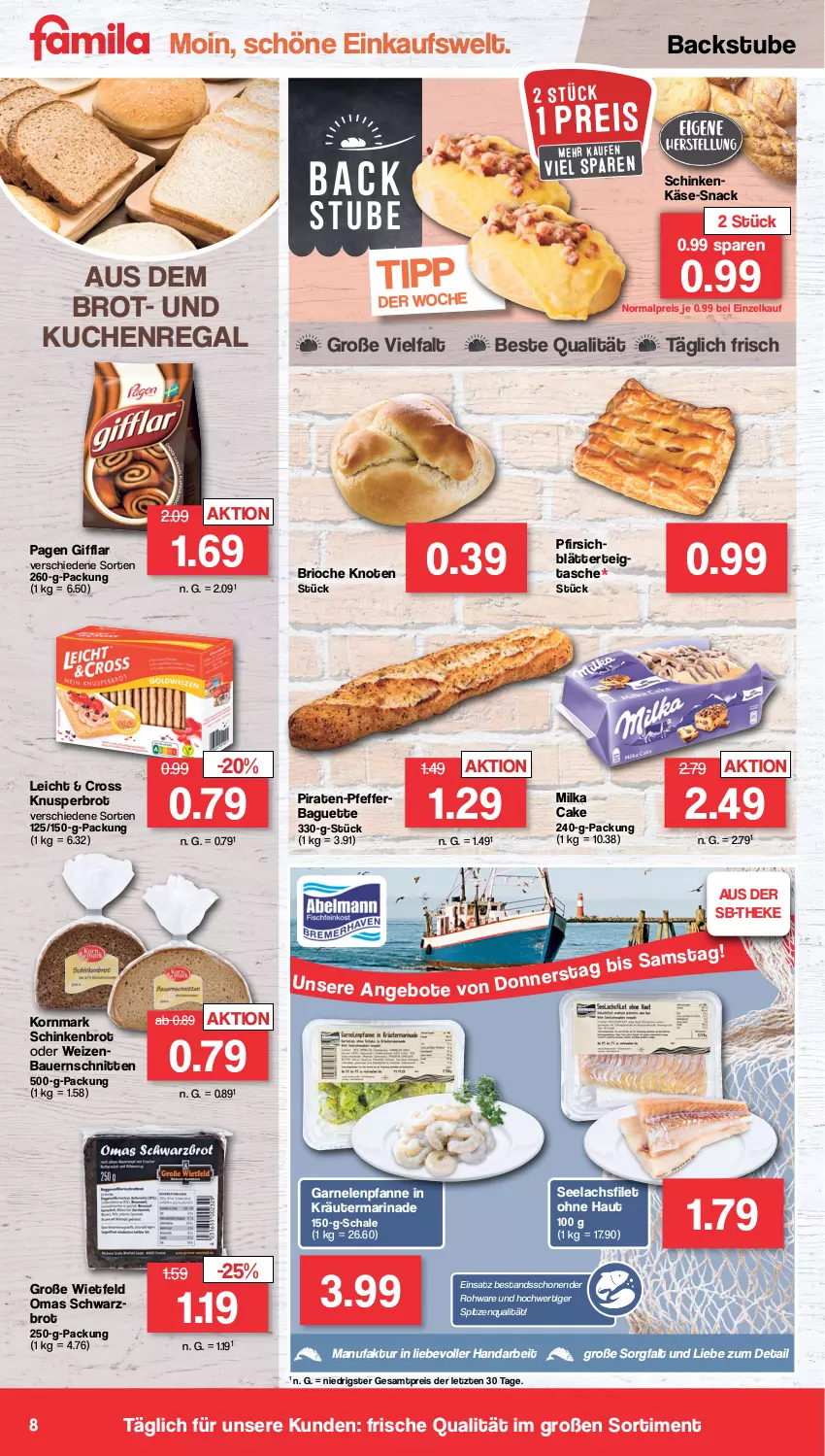 Aktueller Prospekt Famila - Prospekte - von 19.09 bis 24.09.2022 - strona 8 - produkty: auer, baguette, Bau, Bauer, blätterteig, brot, eis, Faktu, filet, garnelen, Käse, korn, kräuter, kuchen, lachs, lachsfilet, marinade, milka, pfanne, pfeffer, pfirsich, regal, reis, Schal, Schale, schinken, schnitten, Schwarzbrot, seelachsfilet, snack, spitzenqualität, stube, Tasche, Ti, ZTE