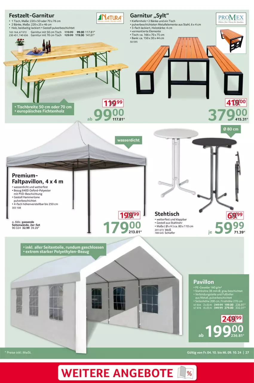 Aktueller Prospekt Selgros - Non Food - von 04.10 bis 09.10.2024 - strona 27 - produkty: Bank, elle, ente, Faltpavillon, garnitur, Garten, Holz, lack, natur, natura, pavillon, teller, Ti, tisch, wasser, Zelt