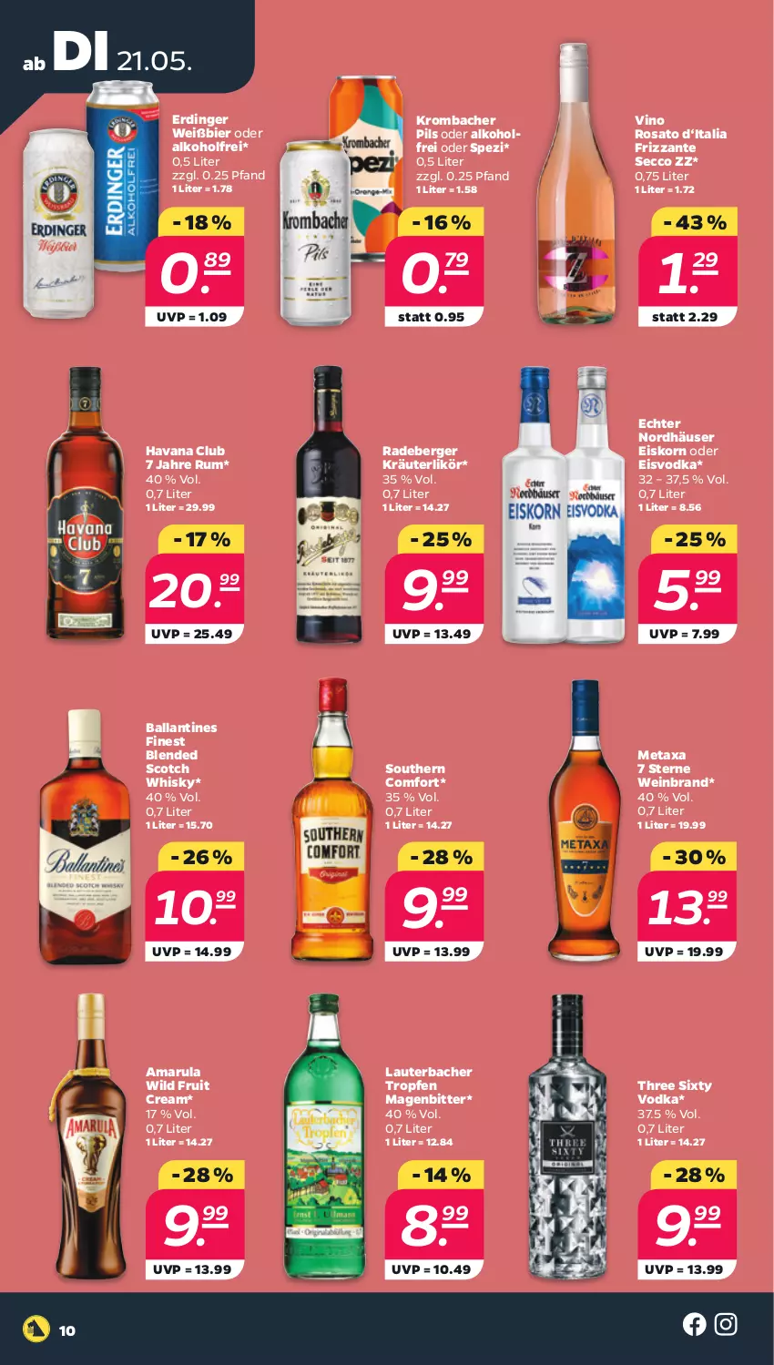 Aktueller Prospekt Netto - Woche 21 - von 21.05 bis 25.05.2024 - strona 10 - produkty: alkohol, amarula, ball, Berger, bier, blended scotch, blended scotch whisky, ecco, eis, erdinger, frizzante, Havana Club, korn, kräuter, kräuterlikör, krombache, krombacher, krombacher pils, likör, Metaxa, pils, radeberger, rosato, rum, scotch, scotch whisky, Southern Comfort, Spezi, Three Sixty, Ti, vodka, wein, weinbrand, whisky, Wild