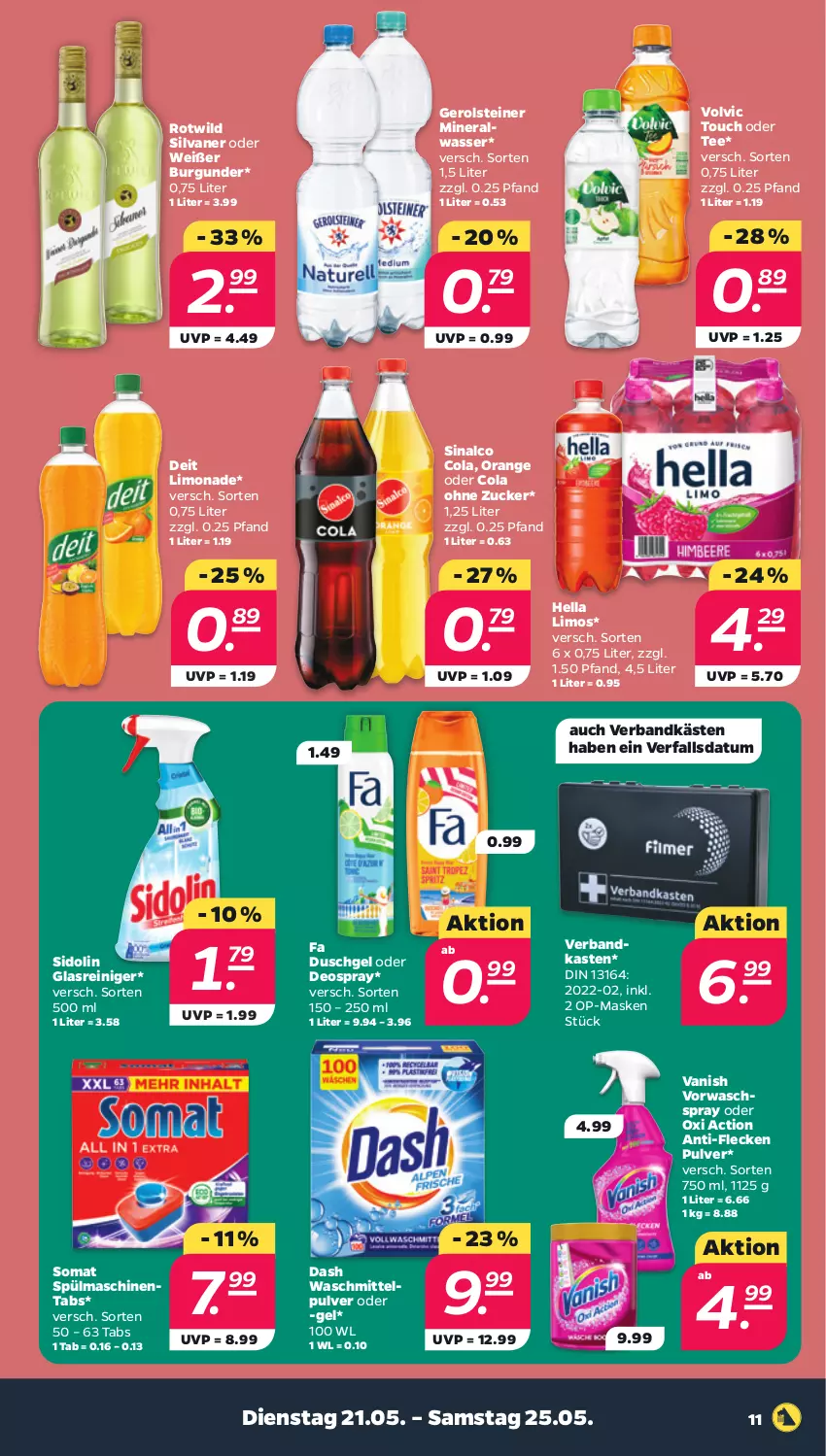 Aktueller Prospekt Netto - Woche 21 - von 21.05 bis 25.05.2024 - strona 11 - produkty: Alwa, burgunder, cola, deit, deo, deospray, duschgel, fa duschgel, gerolsteine, gerolsteiner, Glasreiniger, hella, limo, limonade, Maske, mineralwasser, ndk, oder deospray, orange, oxi action, reiniger, sidolin, silvaner, sinalco, somat, spülmaschinen, spülmaschinentabs, steiner, tee, Ti, vanish, Verbandkasten, volvic, waschmittel, wasser, Wild, zucker