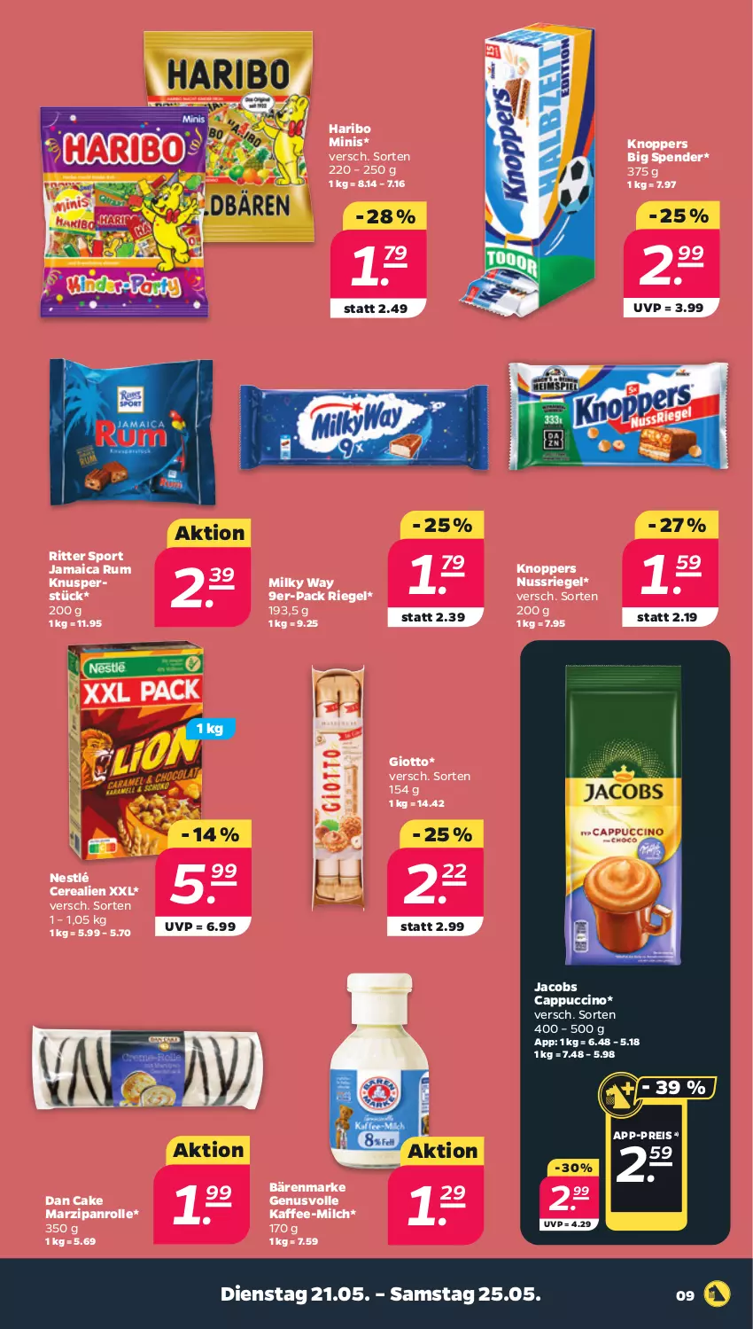 Aktueller Prospekt Netto - Woche 21 - von 21.05 bis 25.05.2024 - strona 9 - produkty: bärenmarke, Cap, cappuccino, cerealien, cin, eis, giotto, haribo, jacobs, kaffee, knoppers, marzipan, milch, milky way, nestlé, nuss, nussriegel, reis, riegel, ritter, ritter sport, rum, Sport, Ti