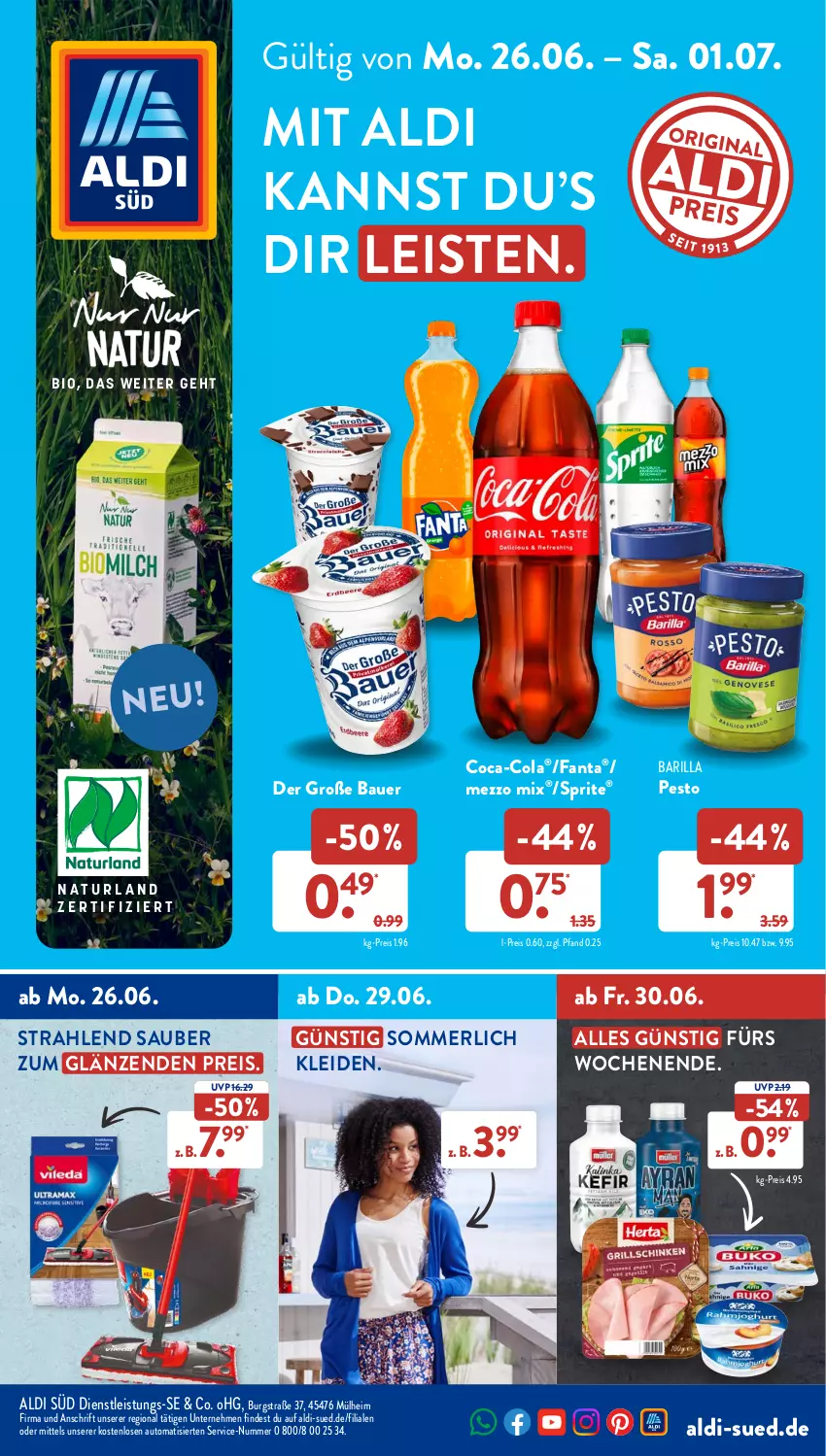 Aktueller Prospekt AldiSud - NÄCHSTE WOCHE - von 26.06 bis 01.07.2023 - strona 1 - produkty: aldi, auer, auto, barilla, Bau, Bauer, coca-cola, cola, eis, fanta, kleid, merl, Mezzo Mix, natur, naturland, pesto, reis, sprite, Ti