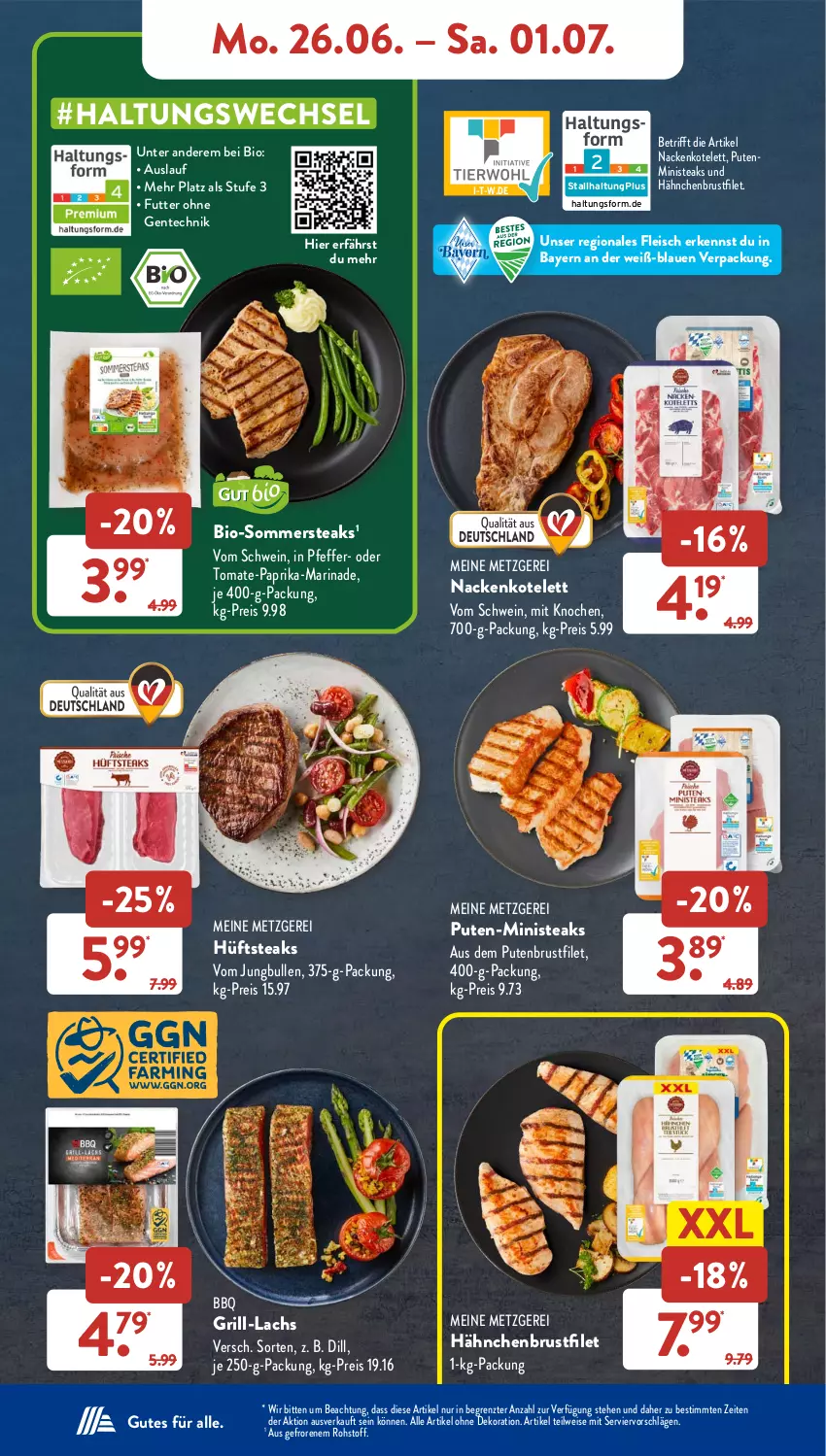 Aktueller Prospekt AldiSud - NÄCHSTE WOCHE - von 26.06 bis 01.07.2023 - strona 8 - produkty: alle artikel ohne dekoration, bio, brustfilet, dekoration, eis, ente, filet, fleisch, grill, grill-lachs, gsw, hähnchenbrust, hähnchenbrustfilet, hüftsteak, hüftsteaks, je 250-g-packung, jungbullen, kotelett, lachs, marinade, paprika, pfeffer, pute, putenbrust, putenbrustfilet, reis, schwein, steak, steaks, Ti, tomate, wein, ZTE