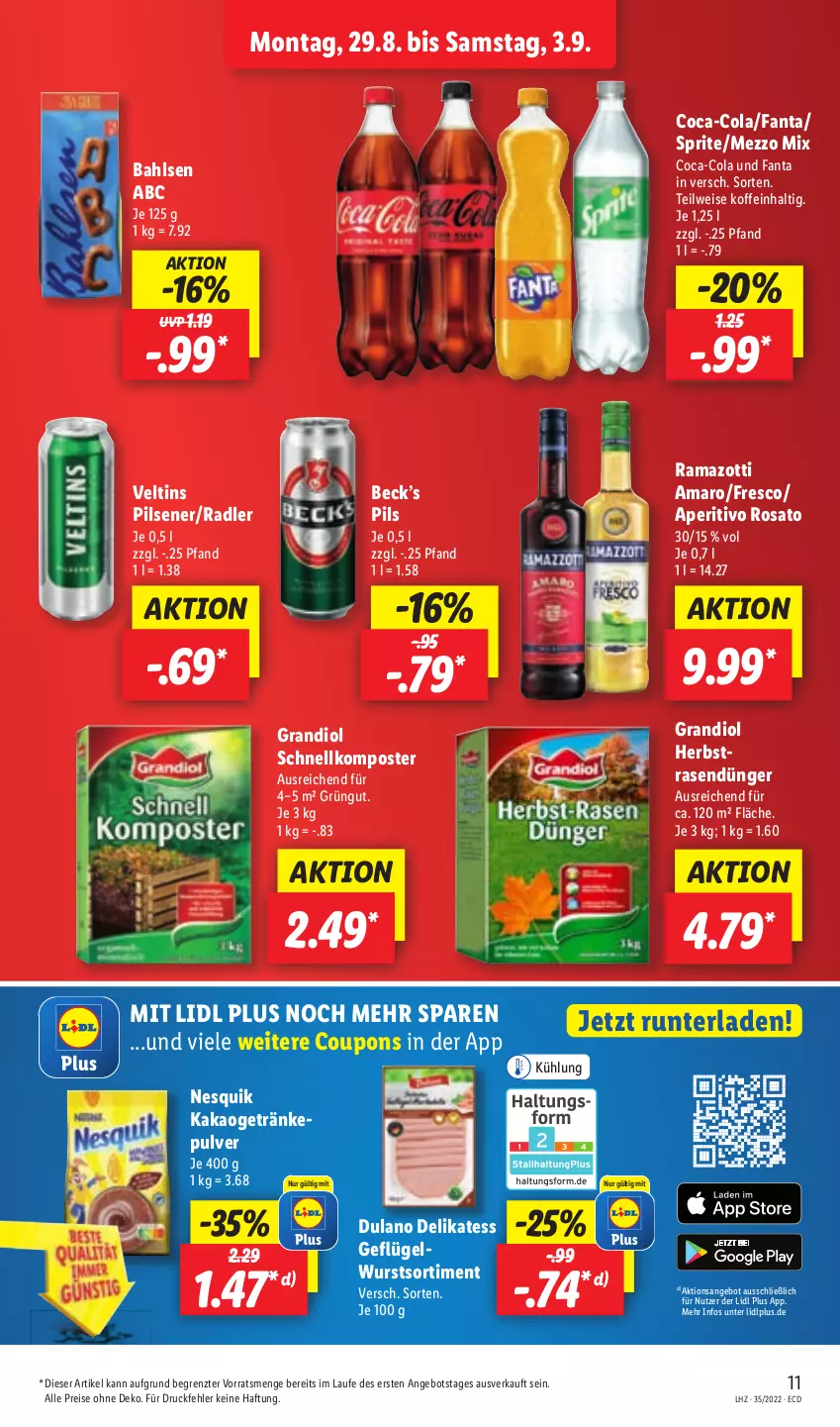 Aktueller Prospekt Lidl - Aktionsprospekt - von 29.08 bis 03.09.2022 - strona 11 - produkty: amaro, angebot, aperitivo rosato, bahlsen, coca-cola, cola, coupon, coupons, dulano, dünger, eis, fanta, Geflügel, getränk, getränke, kakao, Komposter, Mezzo Mix, nesquik, pils, pilsener, radler, rama, rasen, rasendünger, reis, rosato, sprite, Ti, veltins, veltins pilsener, wurst, zott, ZTE