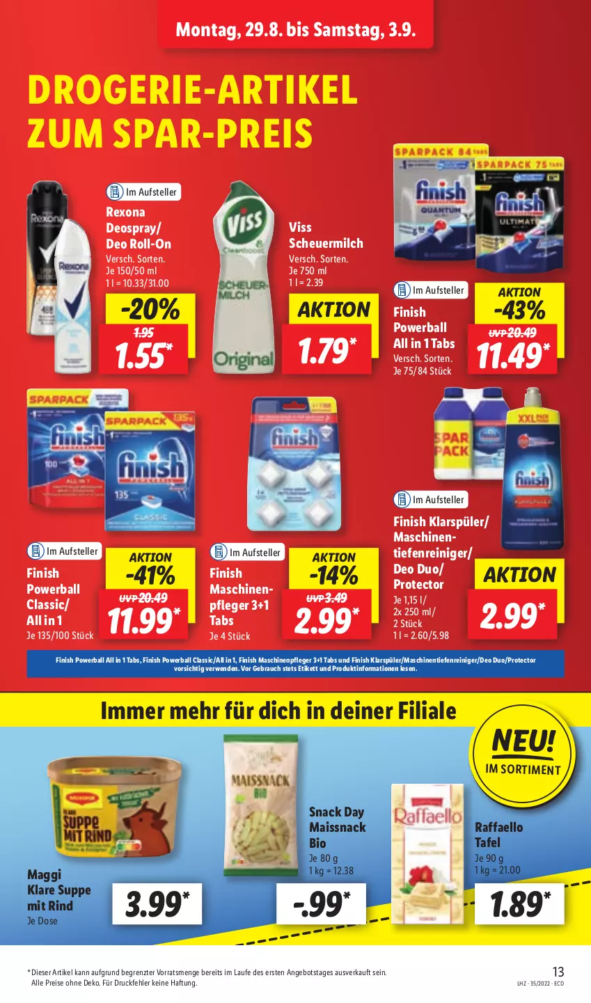 Aktueller Prospekt Lidl - Aktionsprospekt - von 29.08 bis 03.09.2022 - strona 13 - produkty: angebot, ball, bio, deo, deo roll-on, deospray, drogerie-artikel, eis, elle, Finish, Heu, klarspüler, maggi, mais, Maschinenpfleger, milch, powerball, raffaello, Rauch, reiniger, reis, rexona, rind, roll-on, rwe, scheuermilch, snack, suppe, teller, Ti, ZTE