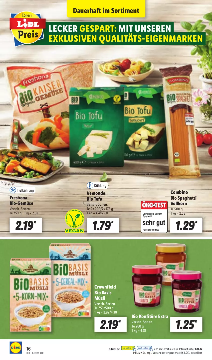 Aktueller Prospekt Lidl - Aktionsprospekt - von 29.08 bis 03.09.2022 - strona 16 - produkty: auer, basis müsli, bio, Bio-Gemüse, konfitüre, konfitüre extra, korn, müsli, ndk, Schal, Schale, spaghetti, Ti, Tofu