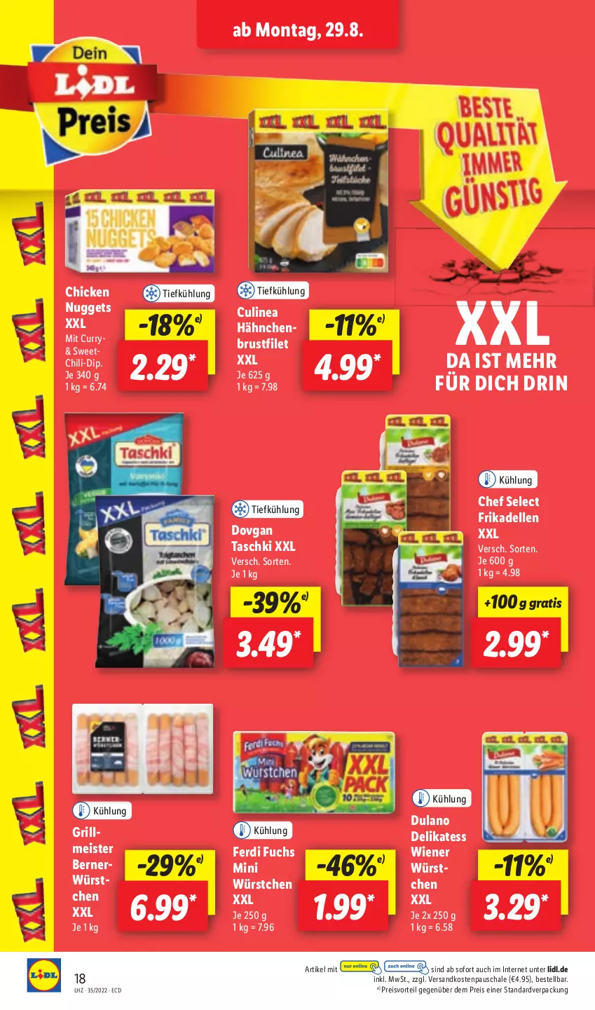 Aktueller Prospekt Lidl - Aktionsprospekt - von 29.08 bis 03.09.2022 - strona 18 - produkty: brustfilet, chicken nuggets, chili, curry, dell, dip, dovgan, dulano, eis, elle, ferdi fuchs, filet, frikadellen, grill, hähnchenbrust, hähnchenbrustfilet, Meister, ndk, nuggets, preisvorteil, reis, Schal, Schale, taschki, Ti, wiener, wiener würstchen, würstchen