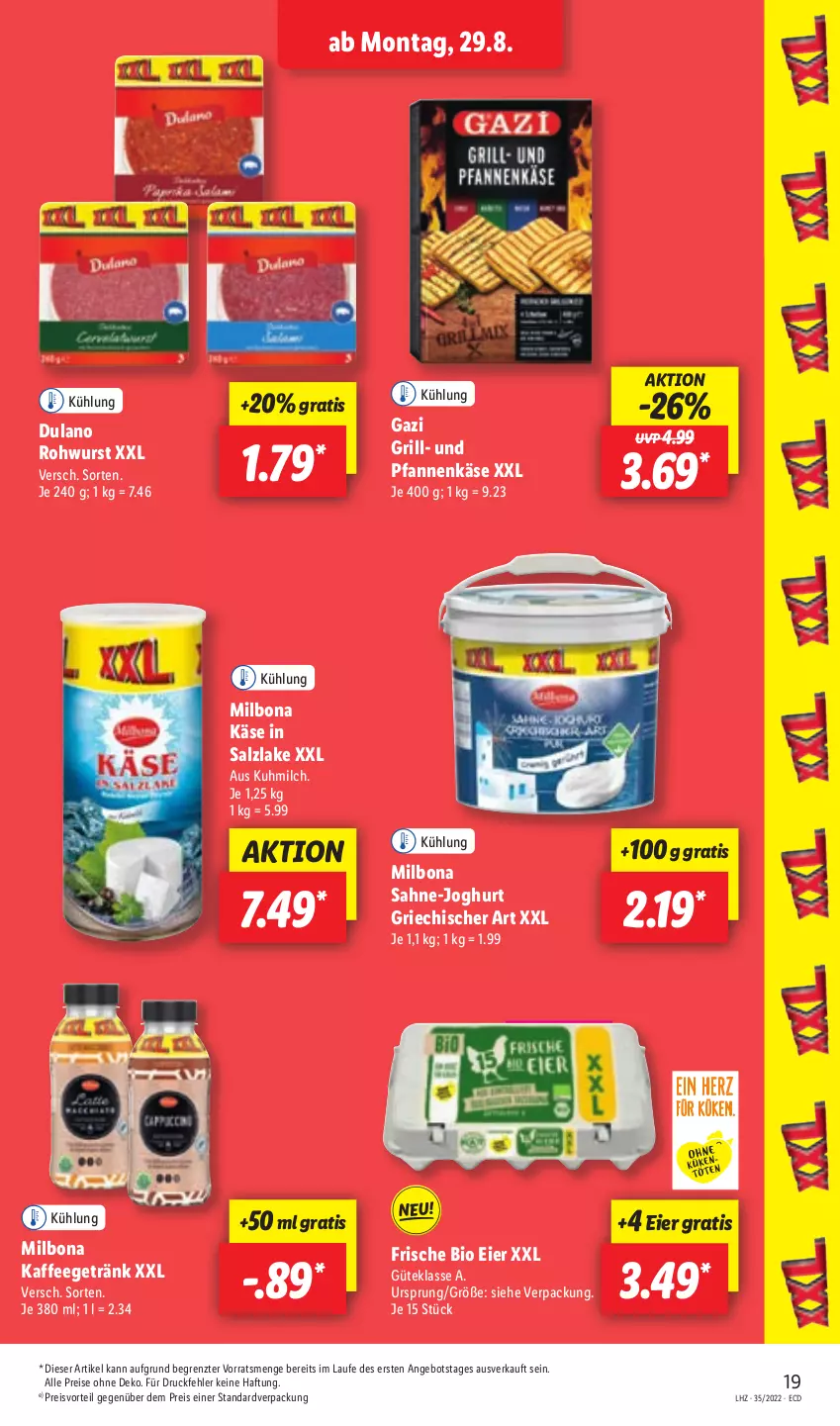 Aktueller Prospekt Lidl - Aktionsprospekt - von 29.08 bis 03.09.2022 - strona 19 - produkty: angebot, bio, Bona, dulano, eier, eis, getränk, grill, joghur, joghurt, kaffee, Käse, Milbona, milch, pfanne, pfannen, pfannenkäse, preisvorteil, reis, Rohwurst, sahne, salz, Ti, und pfanne, wurst, ZTE