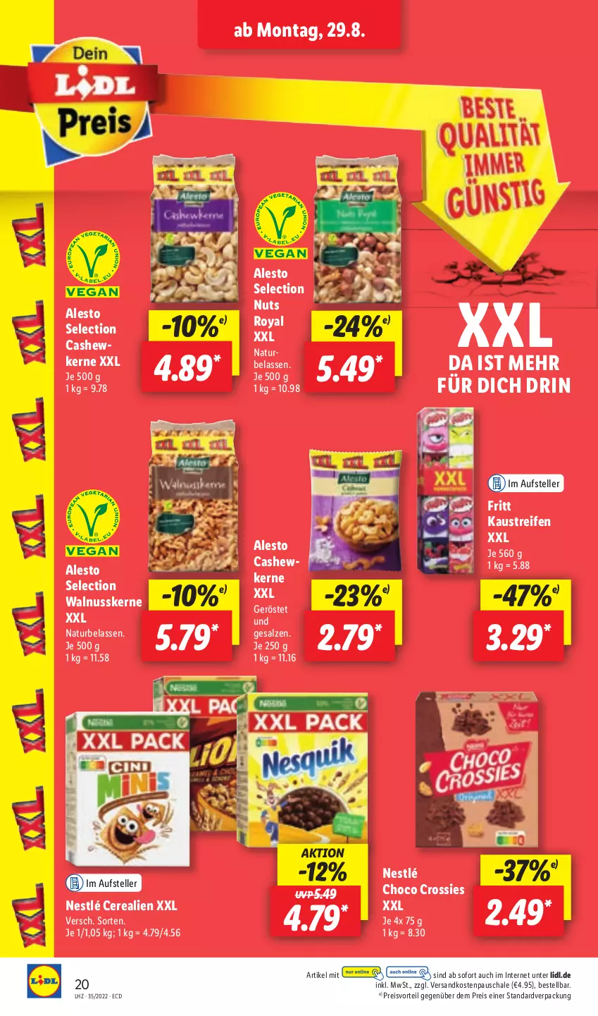 Aktueller Prospekt Lidl - Aktionsprospekt - von 29.08 bis 03.09.2022 - strona 20 - produkty: alesto, aust, Cashew, cashewkerne, cerealien, choco crossies, crossies, eis, elle, Kaustreifen, natur, ndk, nestlé, nuss, preisvorteil, reifen, reis, salz, Schal, Schale, teller, Ti, walnuss, walnusskerne