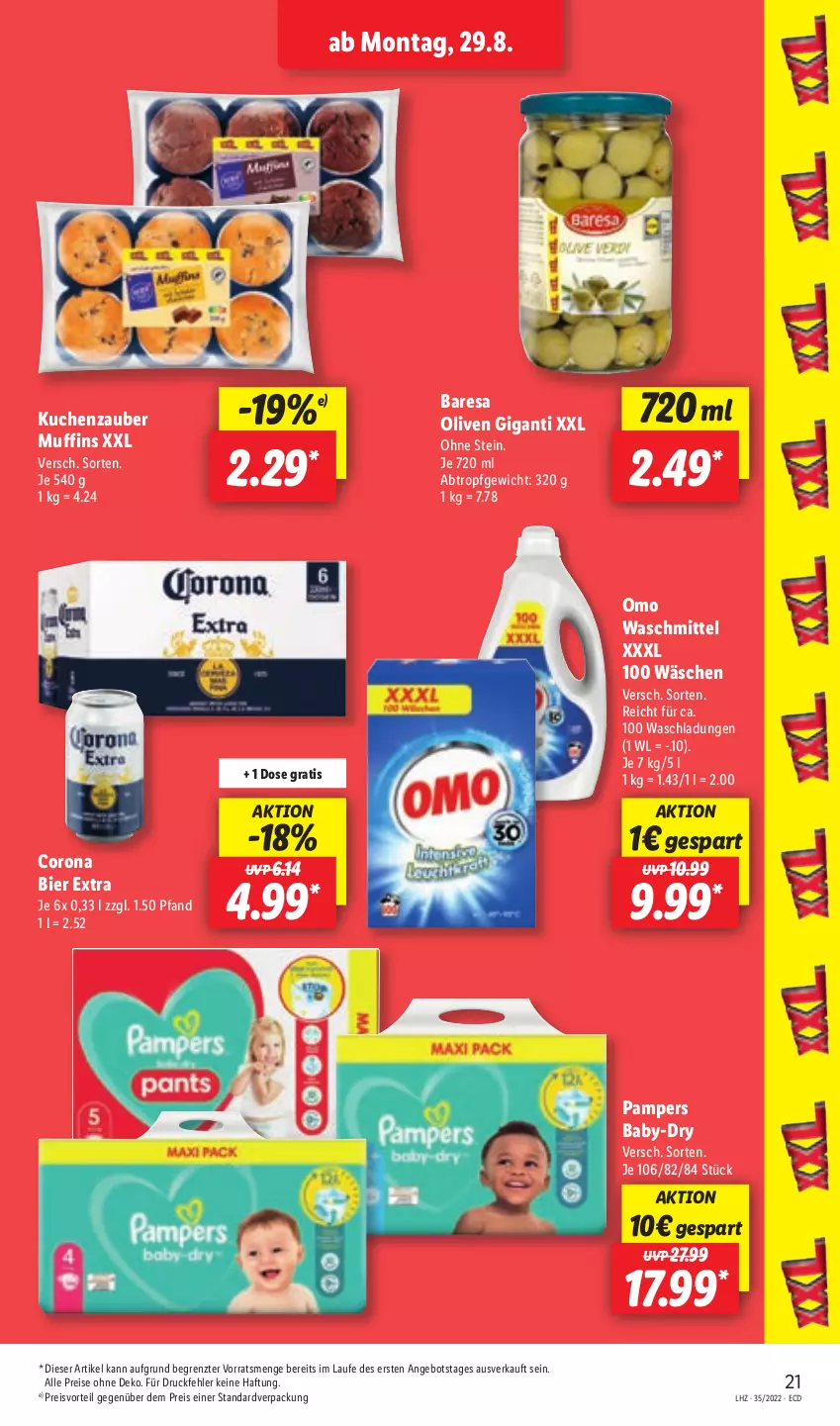 Aktueller Prospekt Lidl - Aktionsprospekt - von 29.08 bis 03.09.2022 - strona 21 - produkty: angebot, baby-dry, bier, corona, eis, kuchen, Muffin, muffins, olive, oliven, pampers, preisvorteil, reis, resa, Ti, waschmittel, ZTE