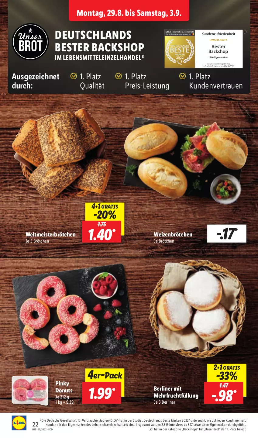 Aktueller Prospekt Lidl - Aktionsprospekt - von 29.08 bis 03.09.2022 - strona 22 - produkty: berliner, brot, brötchen, Donut, donuts, eis, frucht, lebensmittel, Meister, Rauch, reis, Ti, weizenbrötchen