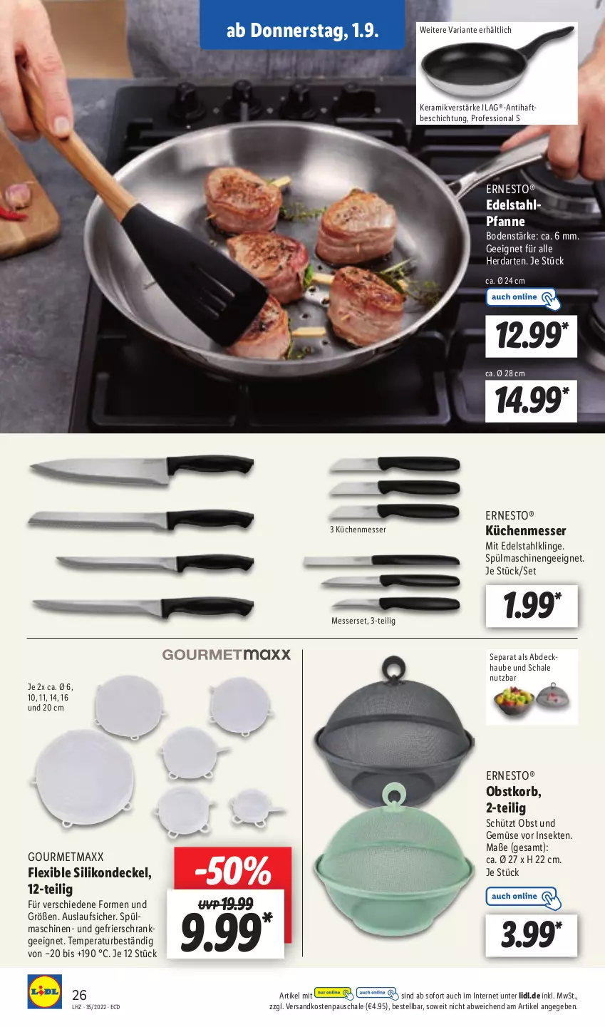 Aktueller Prospekt Lidl - Aktionsprospekt - von 29.08 bis 03.09.2022 - strona 26 - produkty: decke, Deckel, edelstahl, ernesto, gefrierschrank, gourmetmaxx, herdarten, ilag, korb, küche, Küchen, messer, Messerset, ndk, obst, Obst und Gemüse, pfanne, Ria, Schal, Schale, Schrank, sekt, spülmaschinen, Ti, und gemüse