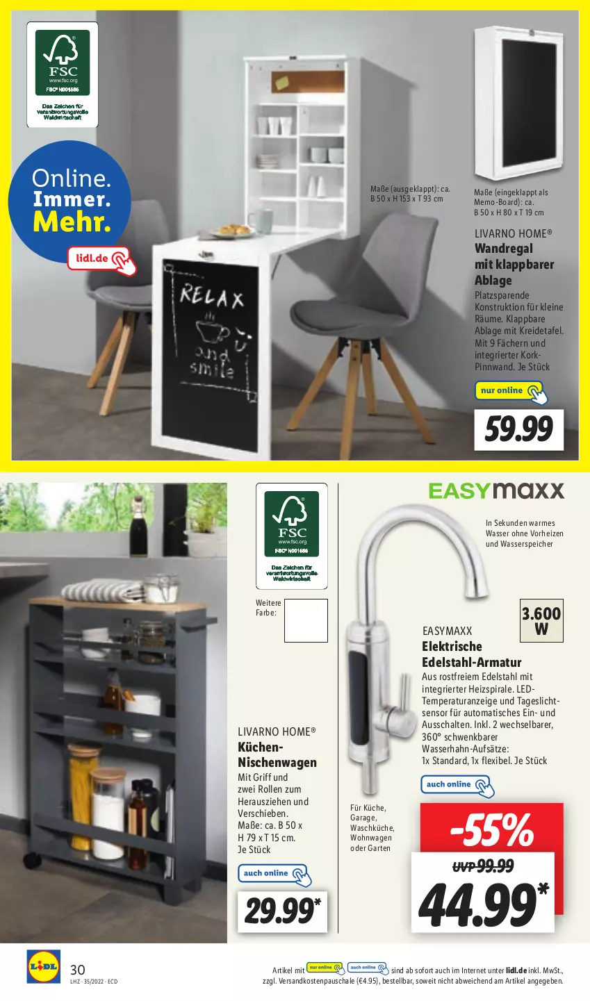 Aktueller Prospekt Lidl - Aktionsprospekt - von 29.08 bis 03.09.2022 - strona 30 - produkty: armatur, auto, easymaxx, edelstahl, Garten, Kreide, leine, ndk, regal, Schal, Schale, Ti, tisch, wandregal, wasser