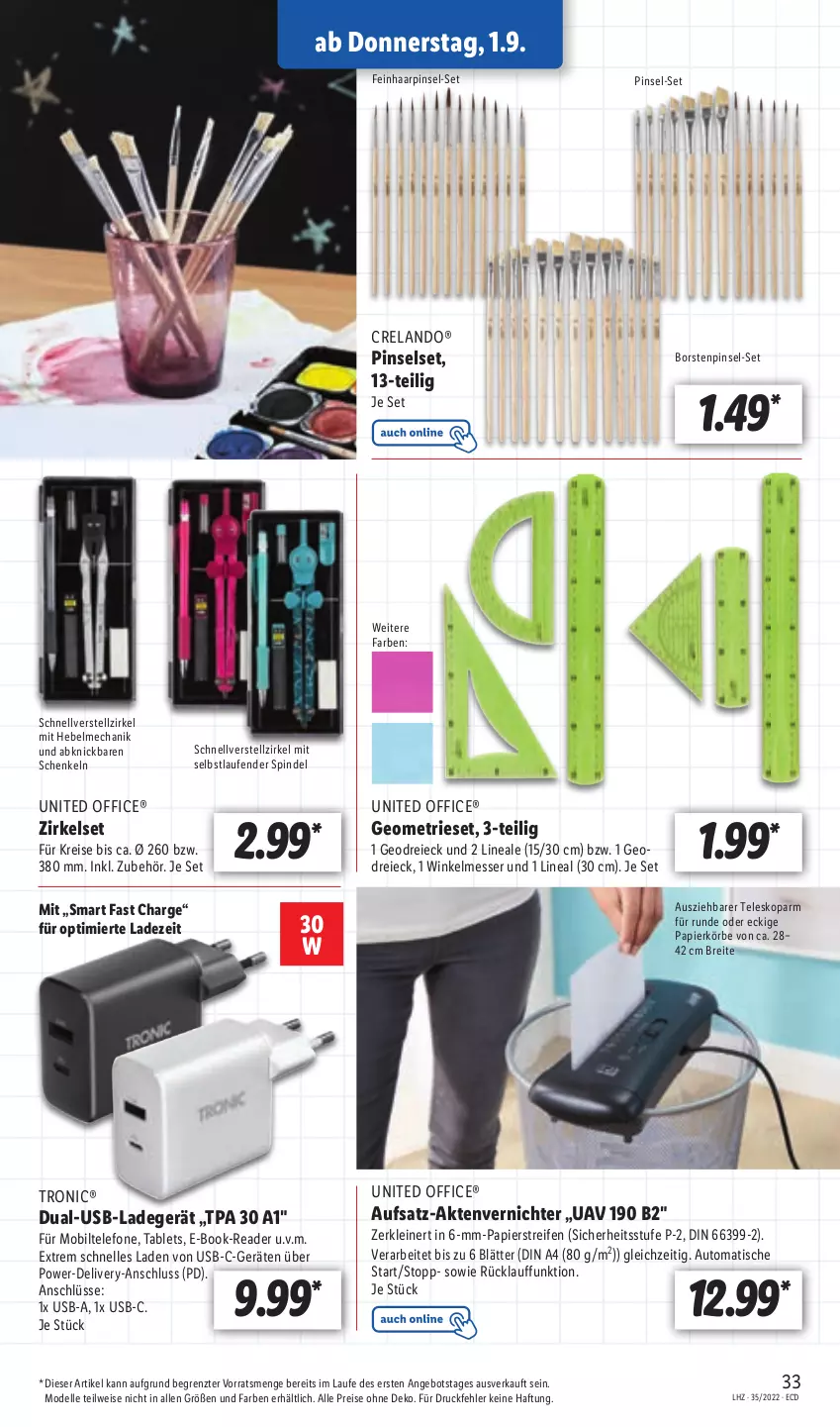 Aktueller Prospekt Lidl - Aktionsprospekt - von 29.08 bis 03.09.2022 - strona 33 - produkty: Aktenvernichter, angebot, auto, Brei, dell, din a4, E-Book-Reader, eis, Elan, elle, henkel, ladegerät, Laufen, leine, messer, Mobiltelefone, Mode, office, papier, Pinsel, Pinselset, reifen, reis, rel, schenkel, tablet, Tablets, telefon, Teleskop, Ti, tisch, usb, ZTE