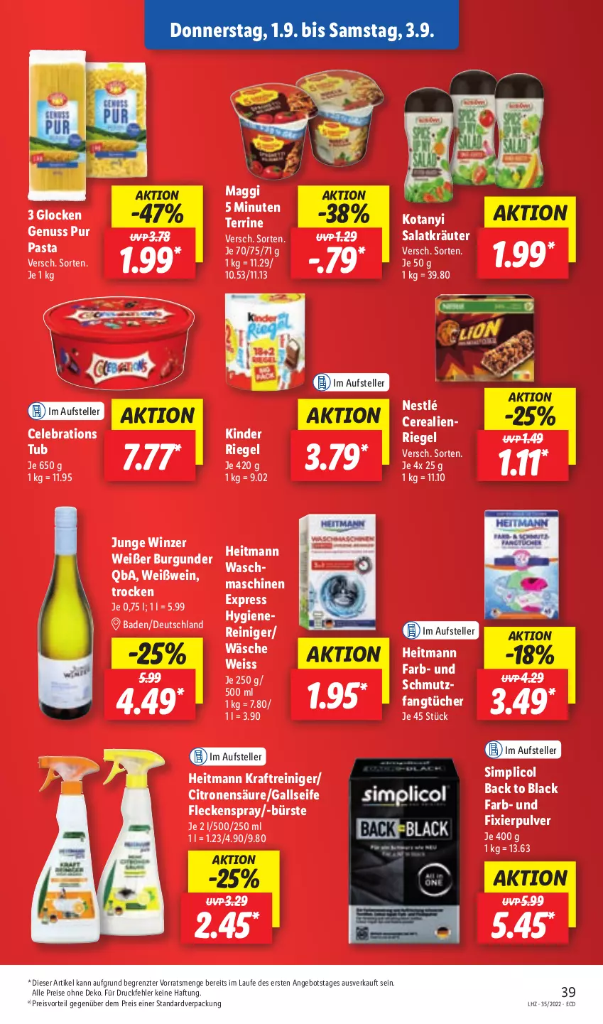 Aktueller Prospekt Lidl - Aktionsprospekt - von 29.08 bis 03.09.2022 - strona 37 - produkty: angebot, Bad, burgunder, bürste, cerealien, eis, elle, Fangtücher, heitmann, Kinder, kinder riegel, kraft, kräuter, lack, maggi, nestlé, nuss, pasta, preisvorteil, reiniger, reis, riegel, salat, Salatkräuter, Seife, sim, teller, terrine, Ti, tücher, wein, Weißwein, ZTE