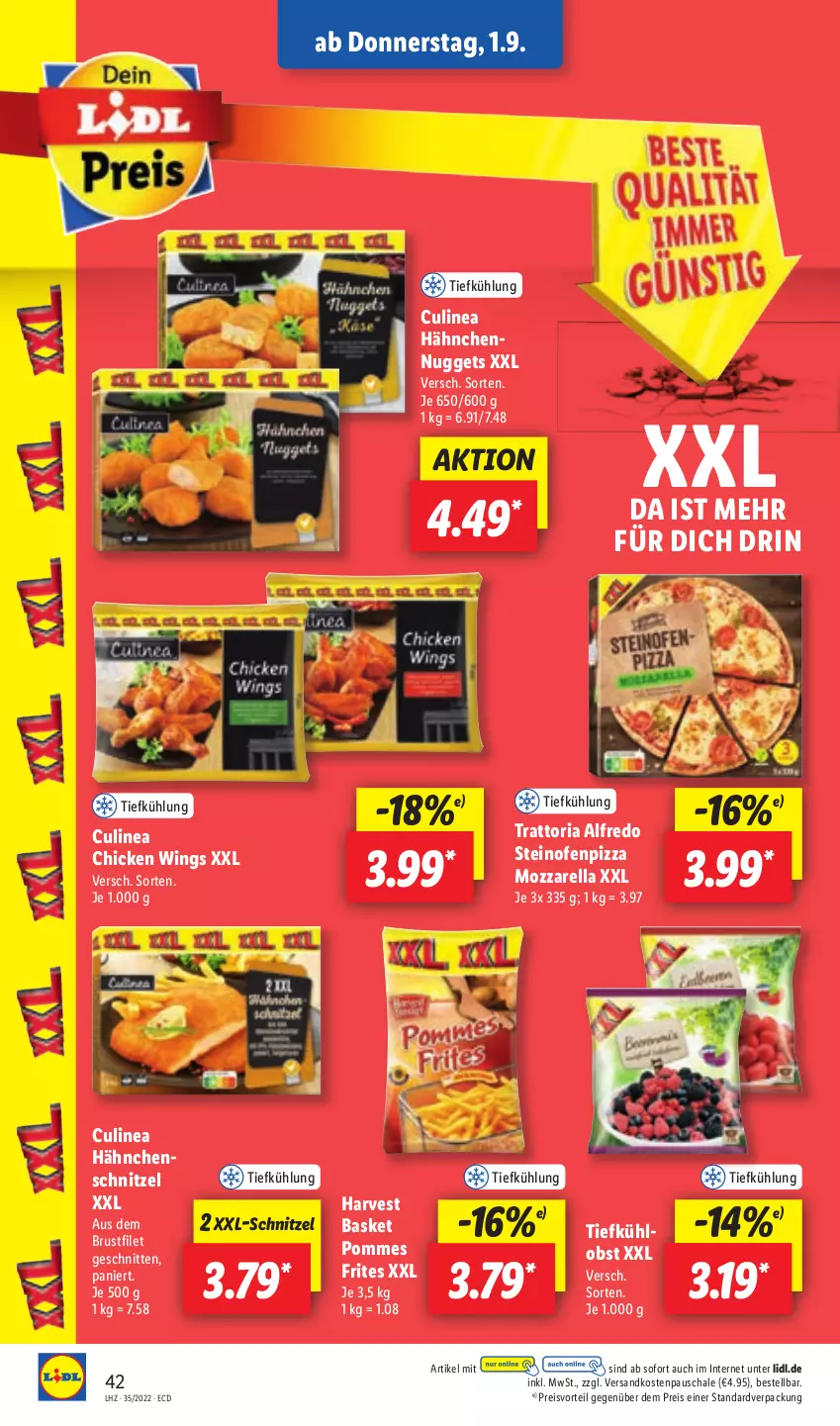 Aktueller Prospekt Lidl - Aktionsprospekt - von 29.08 bis 03.09.2022 - strona 40 - produkty: brustfilet, chicken wings, eis, filet, Hähnchenschnitzel, mozzarella, ndk, nuggets, obst, Ofen, pizza, pommes, Pommes Frites, preisvorteil, reis, rel, Ria, Schal, Schale, schnitten, schnitzel, steinofen, Ti