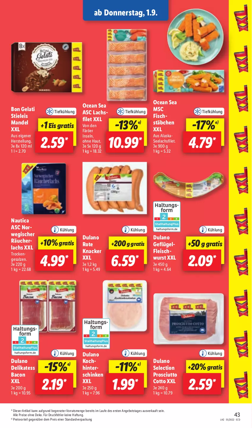 Aktueller Prospekt Lidl - Aktionsprospekt - von 29.08 bis 03.09.2022 - strona 41 - produkty: angebot, bacon, Bon Gelati, dulano, eis, filet, fisch, fleisch, Geflügel, knacker, lachs, lachsfilet, mandel, preisvorteil, prosciutto, prosciutto cotto, reis, salz, schinken, seelachsfilet, stieleis, Ti, wurst, ZTE