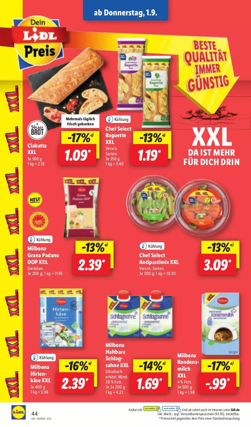 Aktueller Prospekt Lidl - Aktionsprospekt - von 29.08 bis 03.09.2022 - strona 42 - produkty: antipasti, asti, baguette, Bona, brot, ciabatta, eis, geback, grana, grana padano, Käse, Milbona, milch, ndk, padano, preisvorteil, Rana, reis, sahne, Schal, Schale, Ti