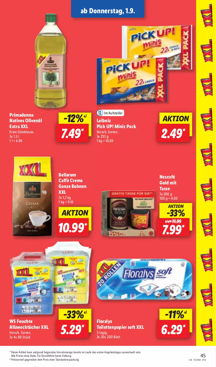 Aktueller Prospekt Lidl - Aktionsprospekt - von 29.08 bis 03.09.2022 - strona 43 - produkty: Allzwecktücher, angebot, bohne, bohnen, caffè crema, eis, elle, Floralys, leibniz, natives olivenöl, Nescafé, nescafé gold, olive, oliven, olivenöl, olivenöl extra, papier, Pick Up!, preisvorteil, reis, tasse, teller, Ti, toilettenpapier, tücher, weck, ZTE