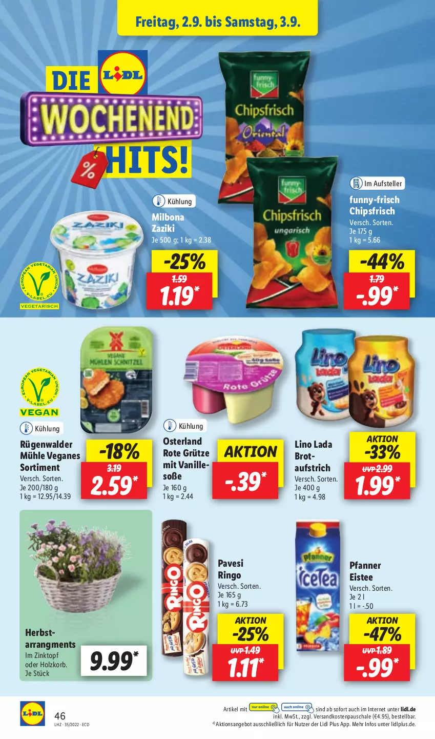 Aktueller Prospekt Lidl - Aktionsprospekt - von 29.08 bis 03.09.2022 - strona 44 - produkty: angebot, aufstrich, Bona, brot, chips, chipsfrisch, eis, eistee, elle, grütze, Holz, korb, Milbona, ndk, pfanne, Pfanner, ring, Rote Grütze, rügenwalder, rügenwalder mühle, Schal, Schale, Soße, tee, teller, Ti, topf, vanille, zaziki