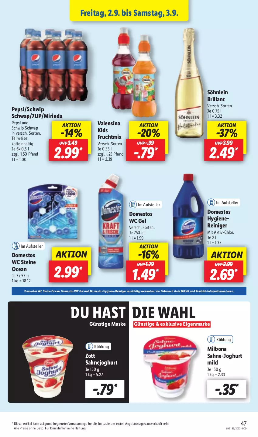 Aktueller Prospekt Lidl - Aktionsprospekt - von 29.08 bis 03.09.2022 - strona 45 - produkty: 7UP, angebot, Bona, domestos, eis, elle, frucht, hygiene-reiniger, joghur, joghurt, joghurt mild, Milbona, Mirinda, pepsi, Rauch, reiniger, reis, rind, rwe, sahne, Sahnejoghurt, Schwip Schwap, söhnlein, söhnlein brillant, teller, Ti, valensina, zott, ZTE