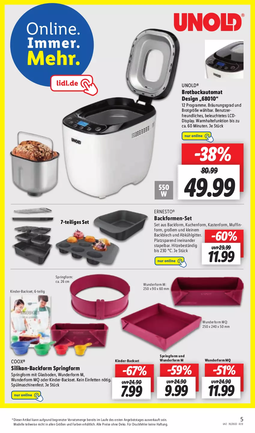 Aktueller Prospekt Lidl - Aktionsprospekt - von 29.08 bis 03.09.2022 - strona 5 - produkty: angebot, auto, Backform, brot, Brotbackautomat, dell, eis, elle, ernesto, Kinder, kuchen, leine, Leuchte, LG, Mode, Muffin, Muffinform, reis, ring, Springform, spülmaschinen, Ti, ZTE