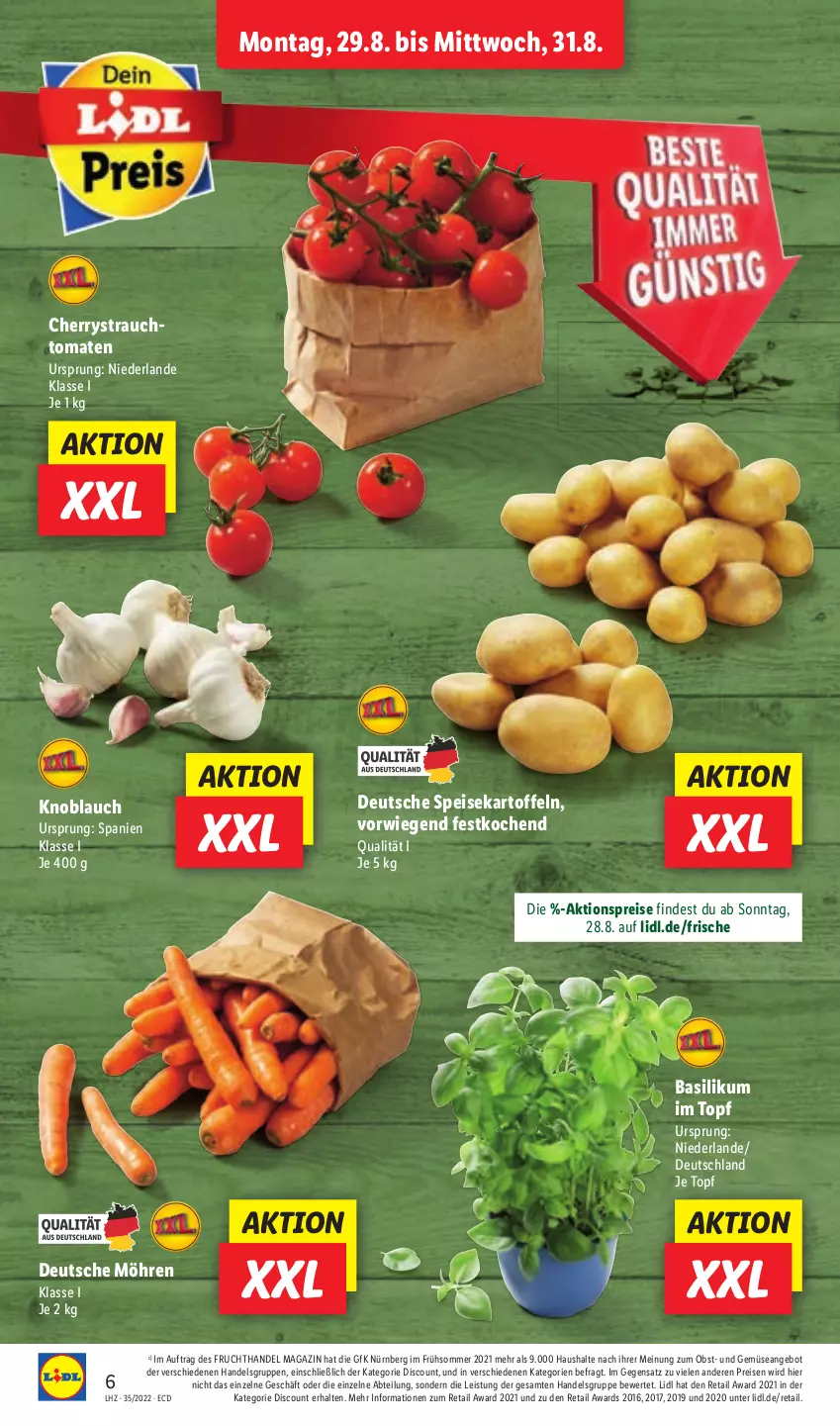 Aktueller Prospekt Lidl - Aktionsprospekt - von 29.08 bis 03.09.2022 - strona 6 - produkty: Abtei, aktionspreis, angebot, basilikum, discount, eis, frucht, kartoffel, kartoffeln, knoblauch, magazin, möhren, obst, Rauch, reis, speisekartoffeln, strauchtomaten, Ti, tomate, tomaten, topf, und gemüse