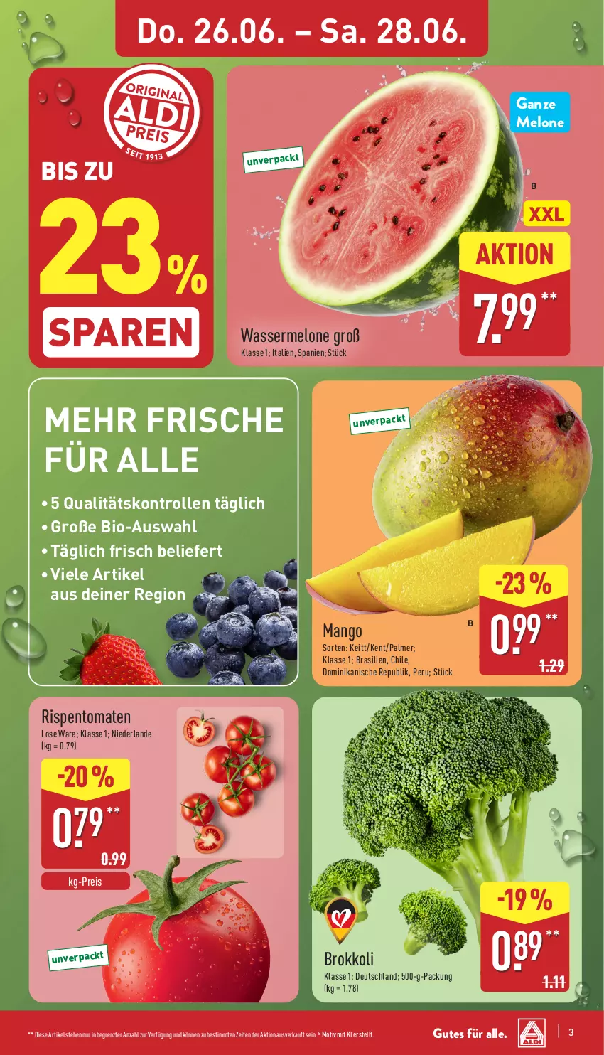 Aktueller Prospekt Aldi Nord - Von Montag - von 23.06 bis 28.06.2025 - strona 3 - produkty: bio, brokkoli, eis, mango, melone, reis, rispentomaten, Ti, tomate, tomaten, wasser, wassermelone, ZTE