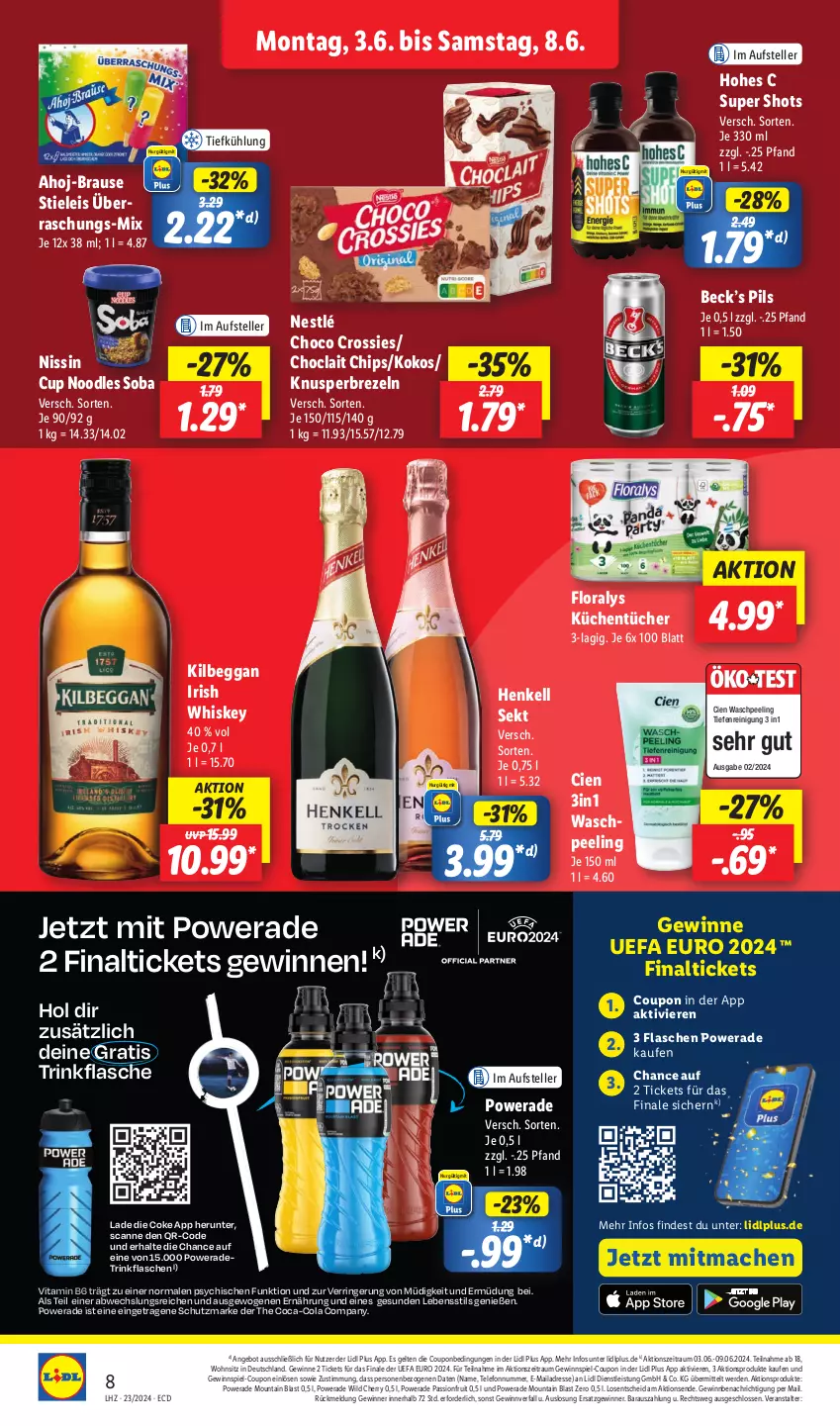 Aktueller Prospekt Lidl - Aktionsprospekt - von 03.06 bis 08.06.2024 - strona 10 - produkty: ahoj-brause, angebot, brause, brezel, Brezeln, chips, choclait chips, choco crossies, Cien, coca-cola, cola, coupon, crossies, eis, elle, erde, flasche, Floralys, gewinnspiel, henkel, henkell, henkell sekt, Hohes C, HP, irish whiskey, kilbeggan, kokos, küche, Küchen, küchentücher, mac, nestlé, Nissin, Peeling, pils, Reinigung, ring, sekt, stieleis, telefon, teller, Ti, trinkflasche, tücher, vita, Vitamin B, whiskey, Wild