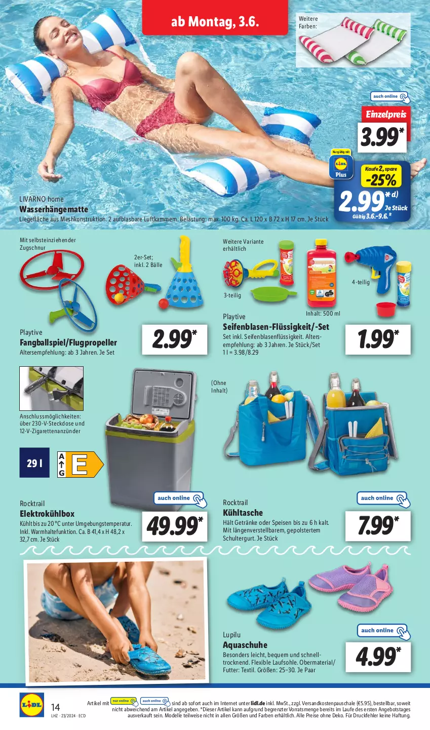 Aktueller Prospekt Lidl - Aktionsprospekt - von 03.06 bis 08.06.2024 - strona 18 - produkty: angebot, anzünder, aqua, ball, dell, eis, Elektro, elle, getränk, getränke, hängematte, kühlbox, kühltasche, Liege, lupilu, Mode, ndk, reis, Ria, Schal, Schale, schuhe, schultergurt, Seife, senf, steckdose, Tasche, Ti, wasser, Wasserhängematte, ZTE