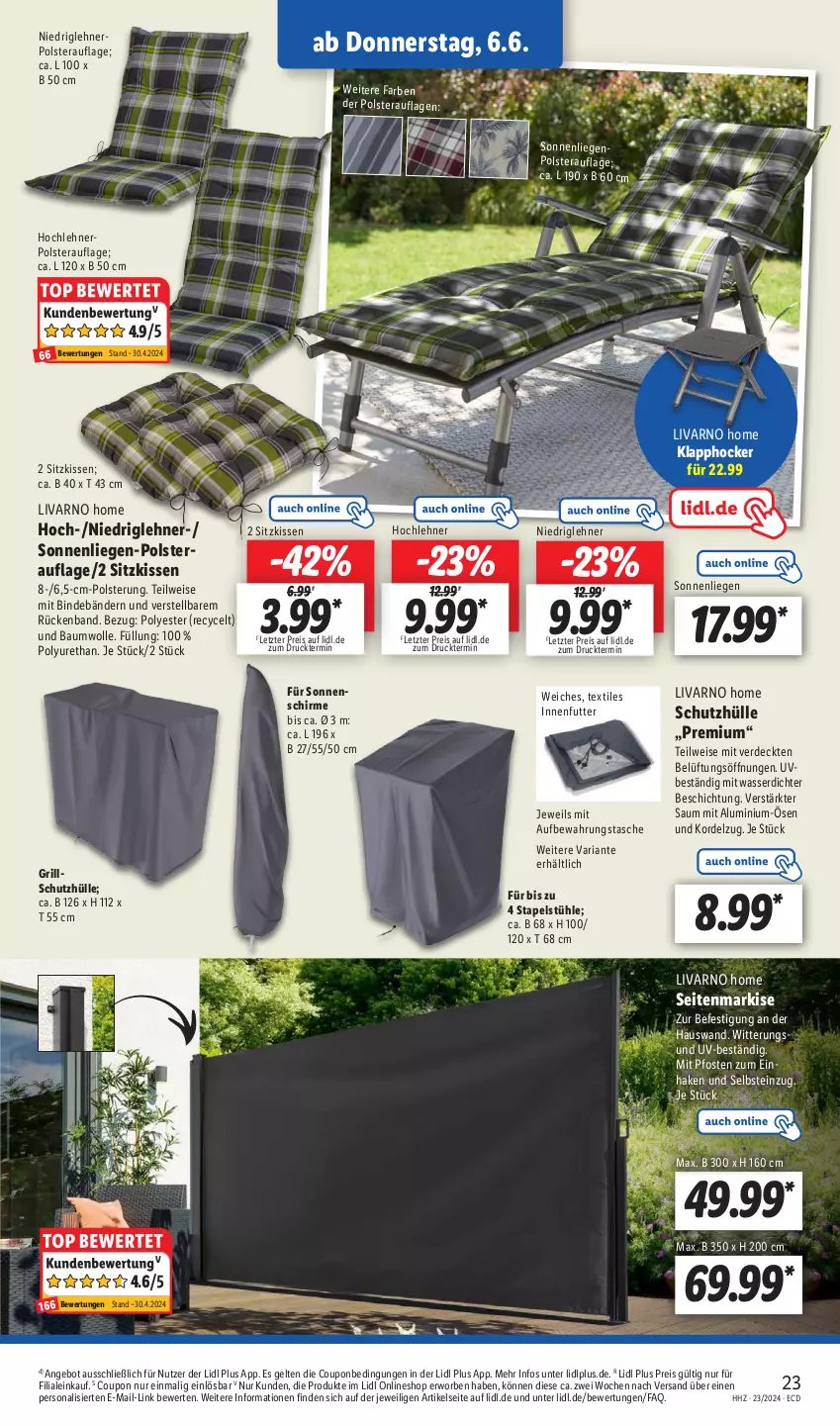 Aktueller Prospekt Lidl - Aktionsprospekt - von 03.06 bis 08.06.2024 - strona 29 - produkty: angebot, aufbewahrungstasche, Bau, baumwolle, coupon, eis, erde, grill, hocker, kissen, Liege, Persona, reis, Ria, schirme, Seitenmarkise, sitzkissen, sonnenliege, sonnenschirm, Tasche, Ti, wasser, wolle, ZTE