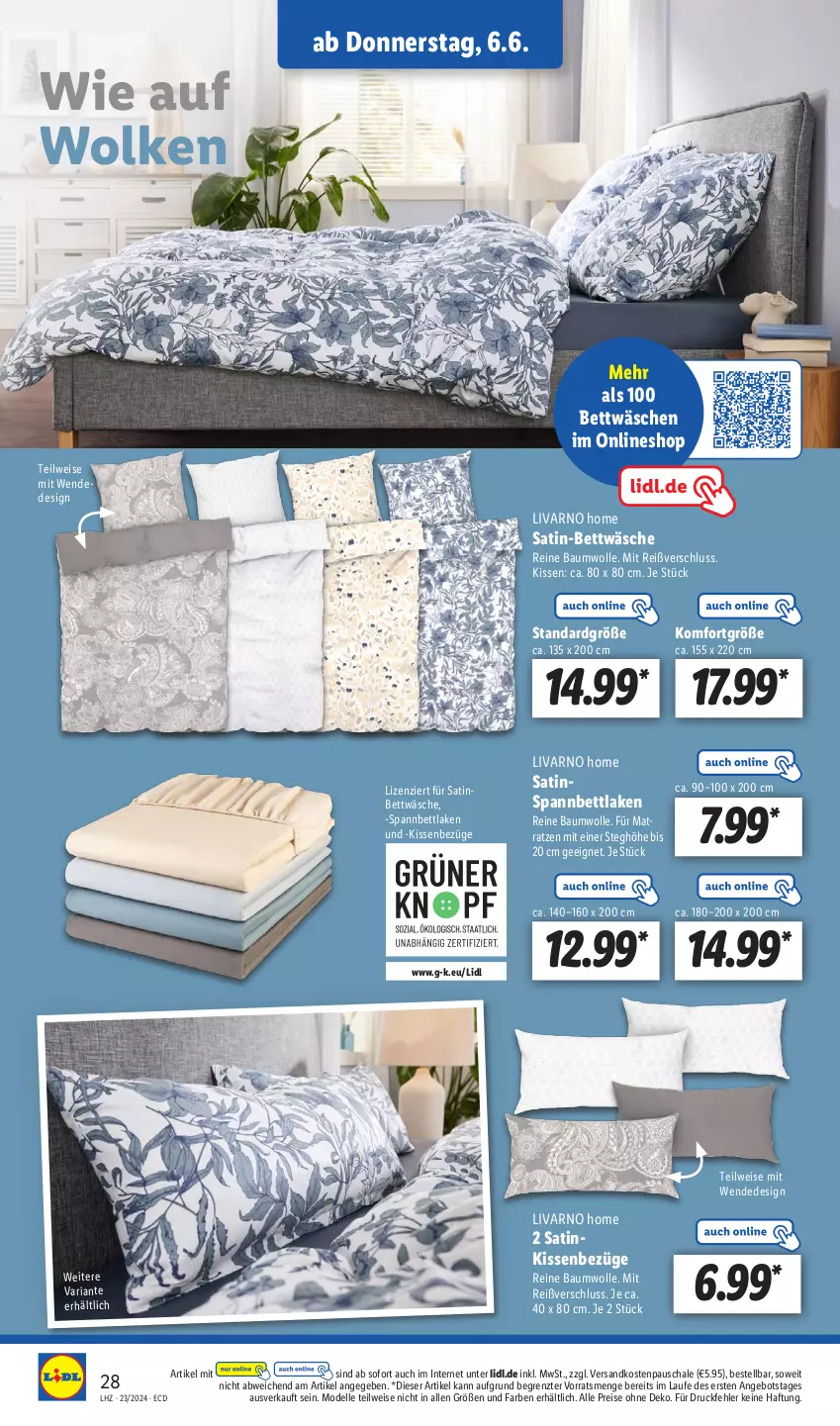 Aktueller Prospekt Lidl - Aktionsprospekt - von 03.06 bis 08.06.2024 - strona 38 - produkty: angebot, Bau, baumwolle, bett, bettwäsche, dell, eis, elle, kissen, matratze, matratzen, Mode, ndk, reine baumwolle, reis, Ria, satin-bettwäsche, Schal, Schale, spannbettlaken, Ti, wolle, ZTE