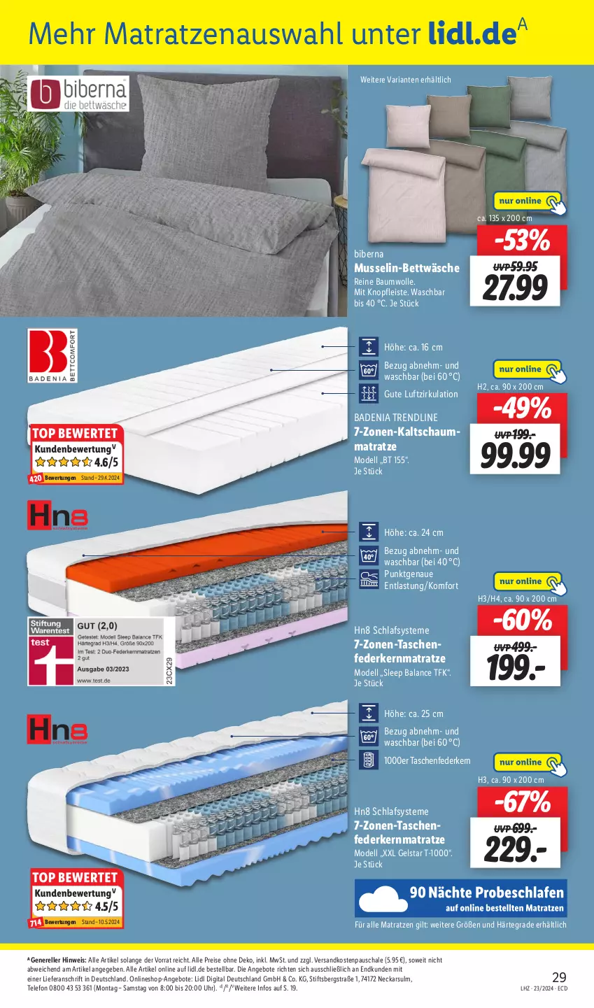 Aktueller Prospekt Lidl - Aktionsprospekt - von 03.06 bis 08.06.2024 - strona 39 - produkty: angebot, angebote, Bad, Bau, baumwolle, bett, bettwäsche, dell, eis, elle, federkern, federkernmatratze, kaltschaummatratze, kernmatratze, matratze, matratzen, Mode, ndk, reine baumwolle, reis, rel, Ria, Schal, Schale, Schaummatratze, Tasche, taschen, taschenfederkernmatratze, telefon, Ti, uhr, wolle