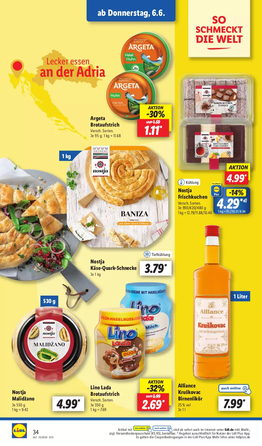 Aktueller Prospekt Lidl - Aktionsprospekt - von 03.06 bis 08.06.2024 - strona 44 - produkty: angebot, aufstrich, Birnen, brot, brotaufstrich, coupon, Käse, kuchen, likör, ndk, quark, Ria, Schal, Schale, Ti