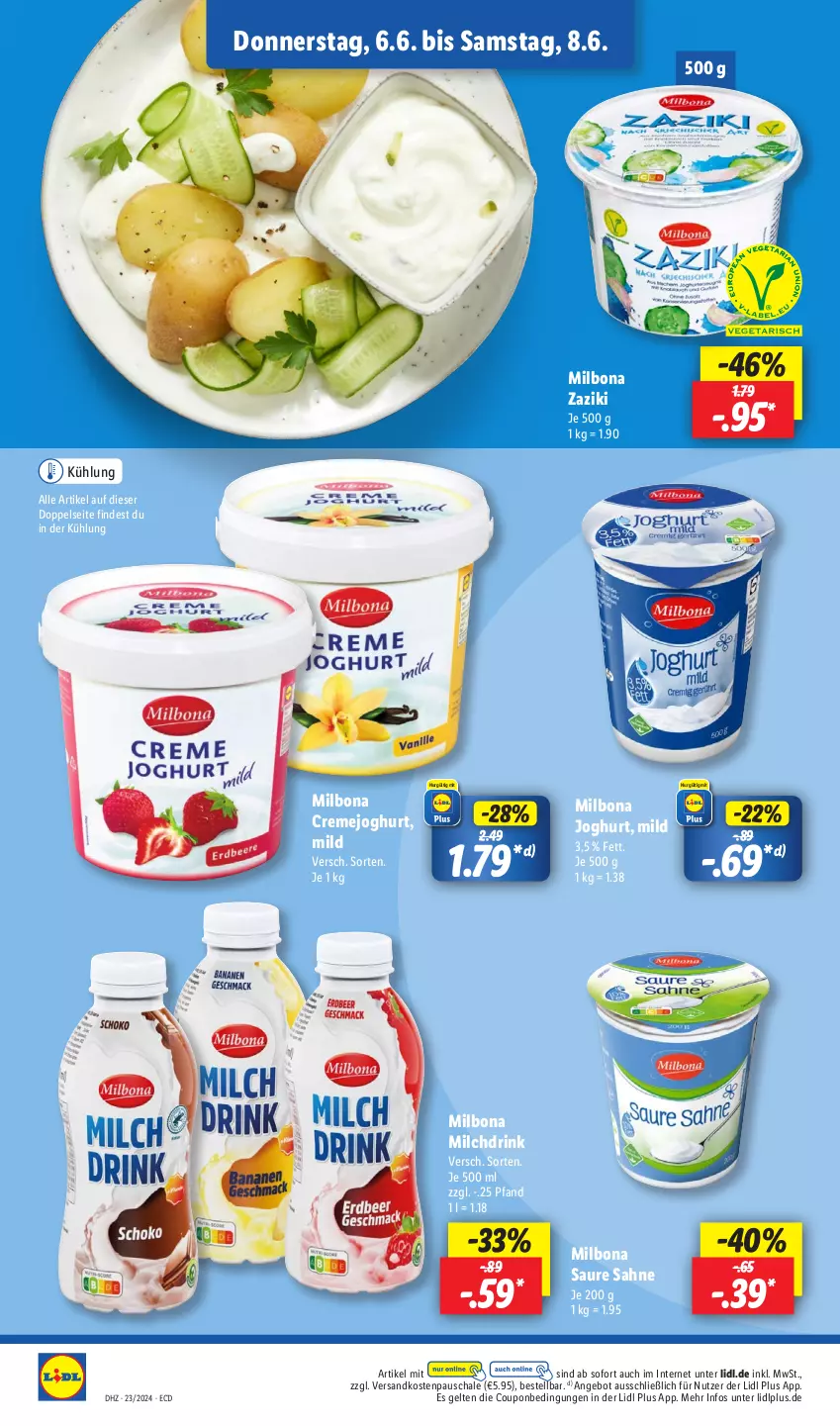 Aktueller Prospekt Lidl - Aktionsprospekt - von 03.06 bis 08.06.2024 - strona 46 - produkty: angebot, Bona, coupon, creme, drink, joghur, joghurt, Milbona, milch, ndk, sahne, Schal, Schale, Ti, zaziki