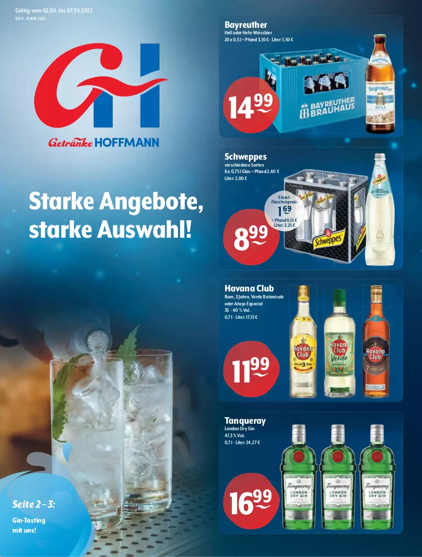 Aktueller Prospekt Getraenke Hoffmann - Prospekte - von 02.05 bis 07.05.2022 - strona 1 - produkty: angebot, angebote, asti, bier, dry gin, eis, erde, flasche, gin, Havana Club, Hefe, london dry, london dry gin, reis, rum, schweppes, Tanqueray, Ti, weissbier