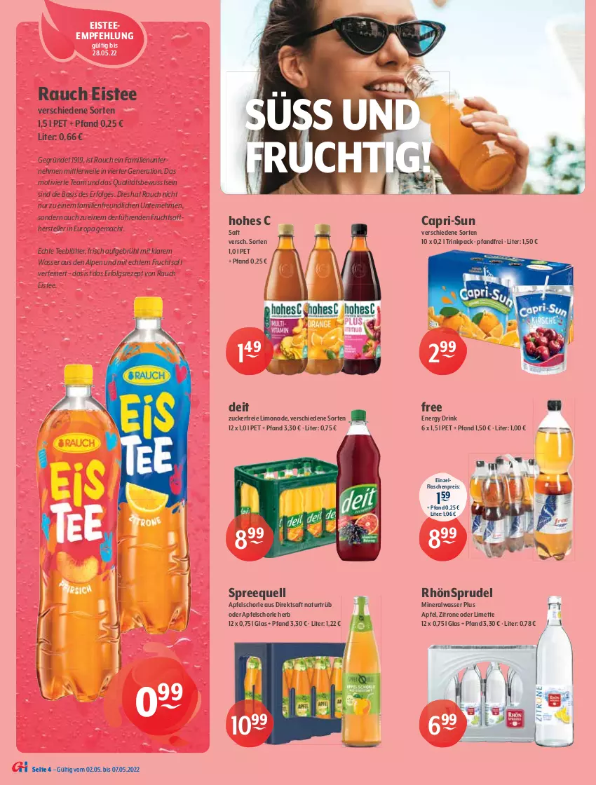 Aktueller Prospekt Getraenke Hoffmann - Prospekte - von 02.05 bis 07.05.2022 - strona 4 - produkty: Alwa, apfel, Apfelschorle, Cap, capri-sun, coca-cola, cola, deit, direktsaft, drink, eis, eistee, elle, energy drink, flasche, frucht, fruchtsaft, fuze tea, gin, Hohes C, LG, limette, limo, limonade, mac, Mett, mineralwasser, monster, Monster Energy, natur, pfirsich, Rauch, reis, rezept, RhönSprudel, rwe, saft, schorle, schwarzer tee, Spreequell, Sprudel, tee, teller, Ti, wasser, zitrone, zucker