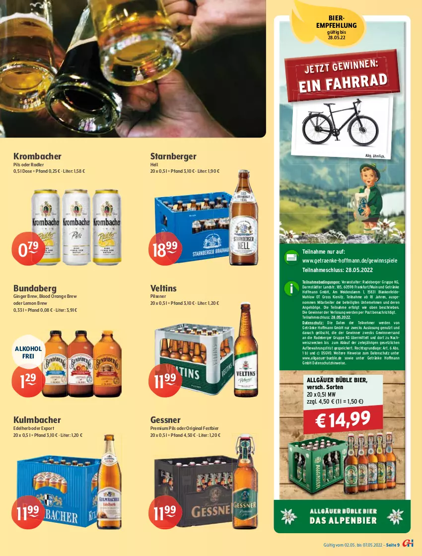 Aktueller Prospekt Getraenke Hoffmann - Prospekte - von 02.05 bis 07.05.2022 - strona 9 - produkty: alkohol, Altenmünster, aust, Berger, berliner, bier, Biere, Bundaberg, clausthaler, eis, elle, erde, Fahrrad, Gessner, getränk, getränke, gewinnspiel, gin, ginger, hasseröder, heineken, holsten, holsten pilsener, kellerbier, krombache, krombacher, krombacher pils, LG, natur, natur radler, oder radler, orange, pils, pilsener, premium pils, radeberger, radler, Spiele, Ti, veltins, veltins pilsener, weck, WICK