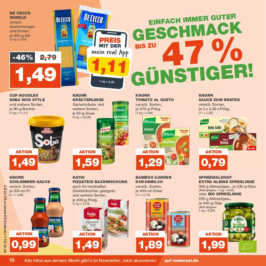 Aktueller Prospekt Real - von 14.08 bis 19.08.2023 - strona 10 - produkty: backmischung, bamboo, Becher, bio, braten, De Cecco, ecco, eis, Garten, knorr, kokos, kokosmilch, kräuter, kuchen, leine, milch, nudel, nudeln, pizza, Pizzateig, reis, sauce, Schlemmer-Sauce, spreewaldhof, Ti, tomato al gusto, wok, zwiebel