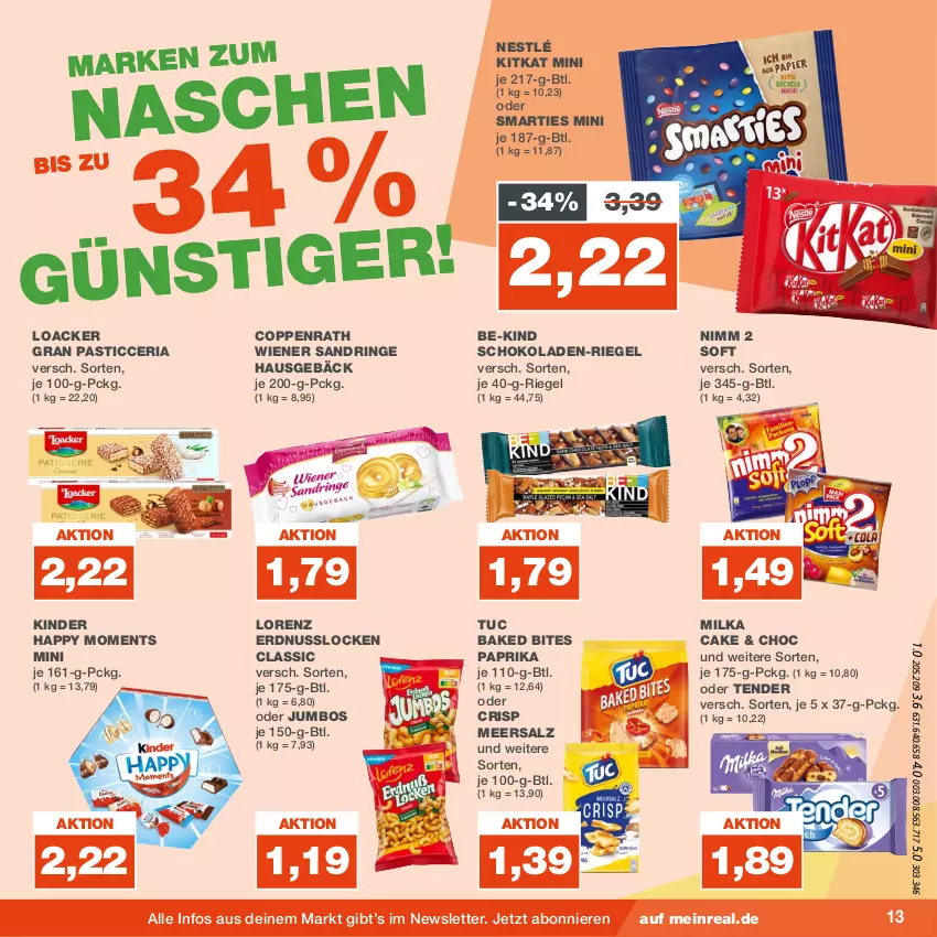 Aktueller Prospekt Real - von 14.08 bis 19.08.2023 - strona 13 - produkty: asti, Be-Kind, bites, coppenrath, erdnuss, jumbo, Kinder, kitkat, lorenz, meersalz, milka, nestlé, Nimm 2, nuss, paprika, Ria, riegel, ring, salz, schoko, schokolade, schokoladen, smarties, tender, Ti, tuc, wiener