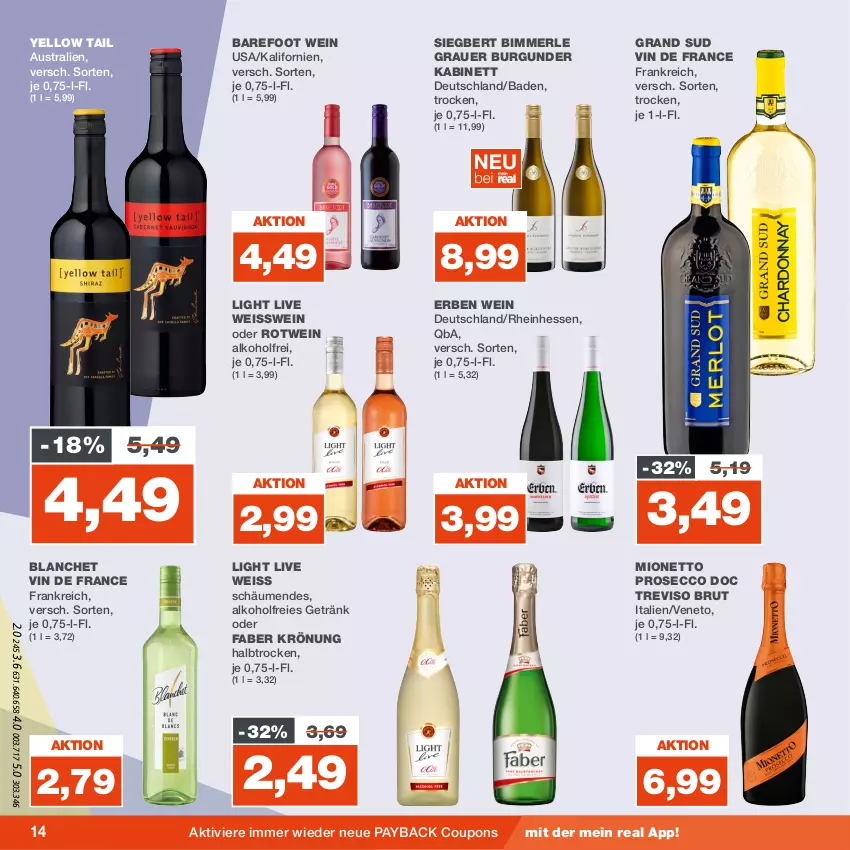 Aktueller Prospekt Real - von 14.08 bis 19.08.2023 - strona 14 - produkty: alkohol, auer, aust, Bad, brut, burgunder, coupon, coupons, ecco, eis, getränk, grand sud, grauer burgunder, kabinett, merl, mionetto, payback, prosecco, rotwein, Ti, vin de france, wein, yellow tail