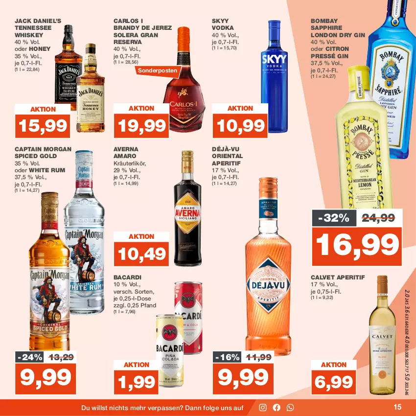 Aktueller Prospekt Real - von 14.08 bis 19.08.2023 - strona 15 - produkty: amaro, aperitif, arlo, averna, bacardi, bombay sapphire, Cap, captain morgan, dry gin, gin, jack daniel, Jack Daniel’s, kräuter, kräuterlikör, LG, likör, london dry, london dry gin, rum, sapphire, skyy, Skyy Vodka, sonderposten, tennessee whiskey, Ti, vodka, whiskey, white rum