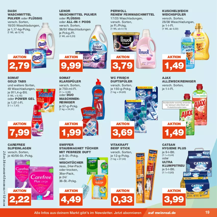 Aktueller Prospekt Real - von 14.08 bis 19.08.2023 - strona 19 - produkty: ajax, allzweckreiniger, beef, carefree, catsan, febreze, feinwaschmittel, klarspüler, klumpstreu, kraft, Kuschelweich, lenor, lenor waschmittel, LG, maschinenreiniger, perwoll, Pods, reiniger, slip, slipeinlagen, somat, staubmagnet, swiffer, Ti, tücher, vita, vitakraft, waschmittel, wc frisch, weck, weichspüler