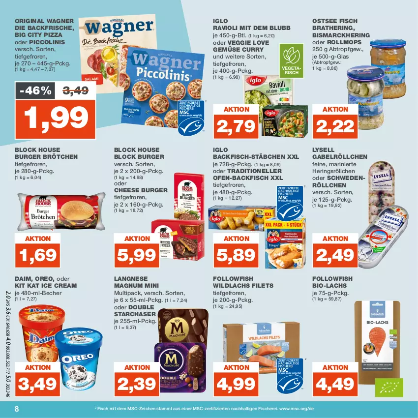 Aktueller Prospekt Real - von 14.08 bis 19.08.2023 - strona 8 - produkty: backfisch, Becher, bio, bismarck, brötchen, burger, curry, daim, elle, filet, filets, fisch, fische, Fischer, followfish, gabel, gin, hering, Herings, iglo, Kit Kat, lachs, langnese, lysell, magnum, Magnum Mini, oder piccolinis, Ofen, ofen-backfisch, oreo, original wagner, piccolinis, pizza, ravioli, ring, Schere, Ti, veggie, Veggie Love, wagner, Wild, wildlachs